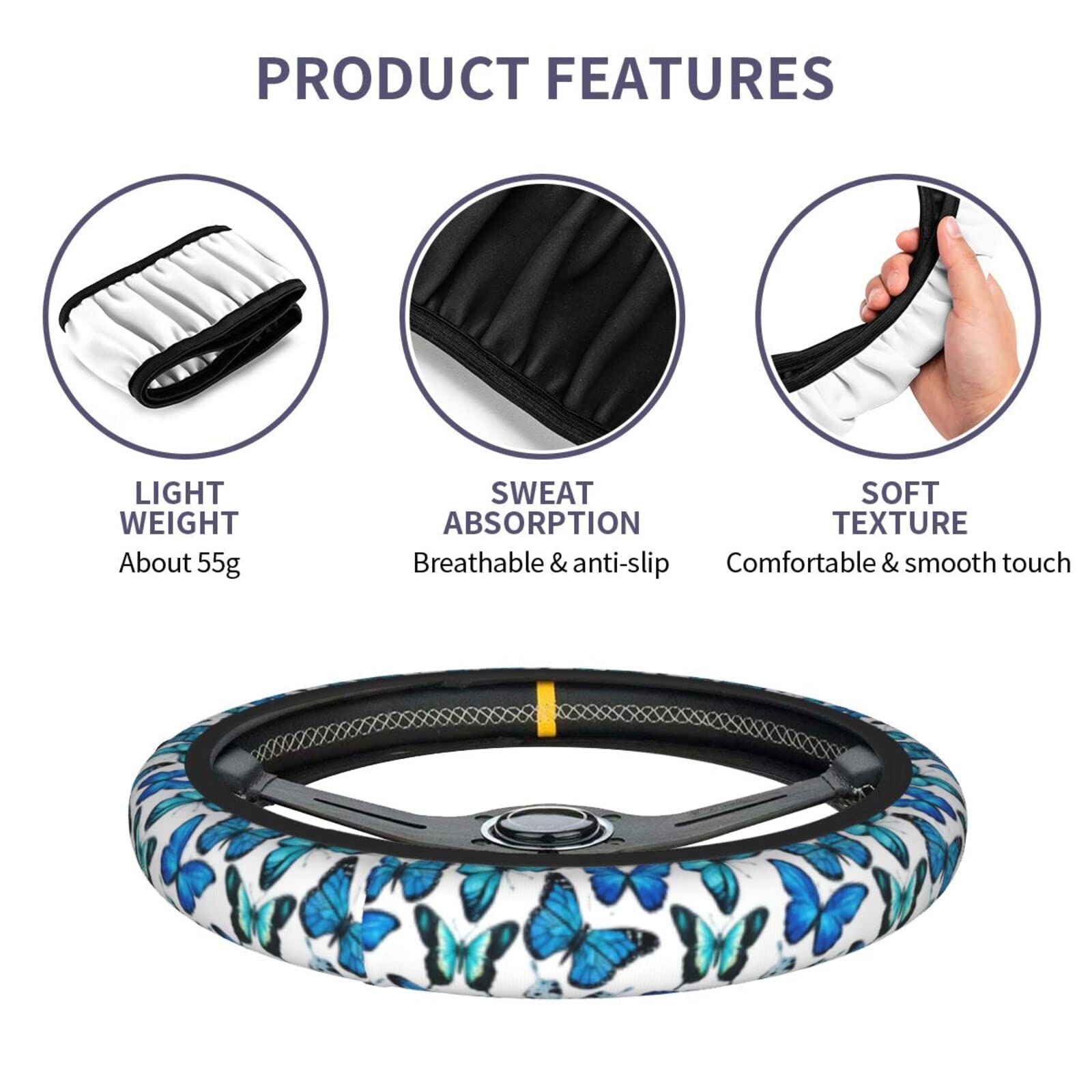 Stylish Blue Butterfly Steering Wheel Cover for Women - Universal Fit 15 Inch Car Accessory - Soft Grip & Sun Protection - Perfect for Daily Commute & Road Trips