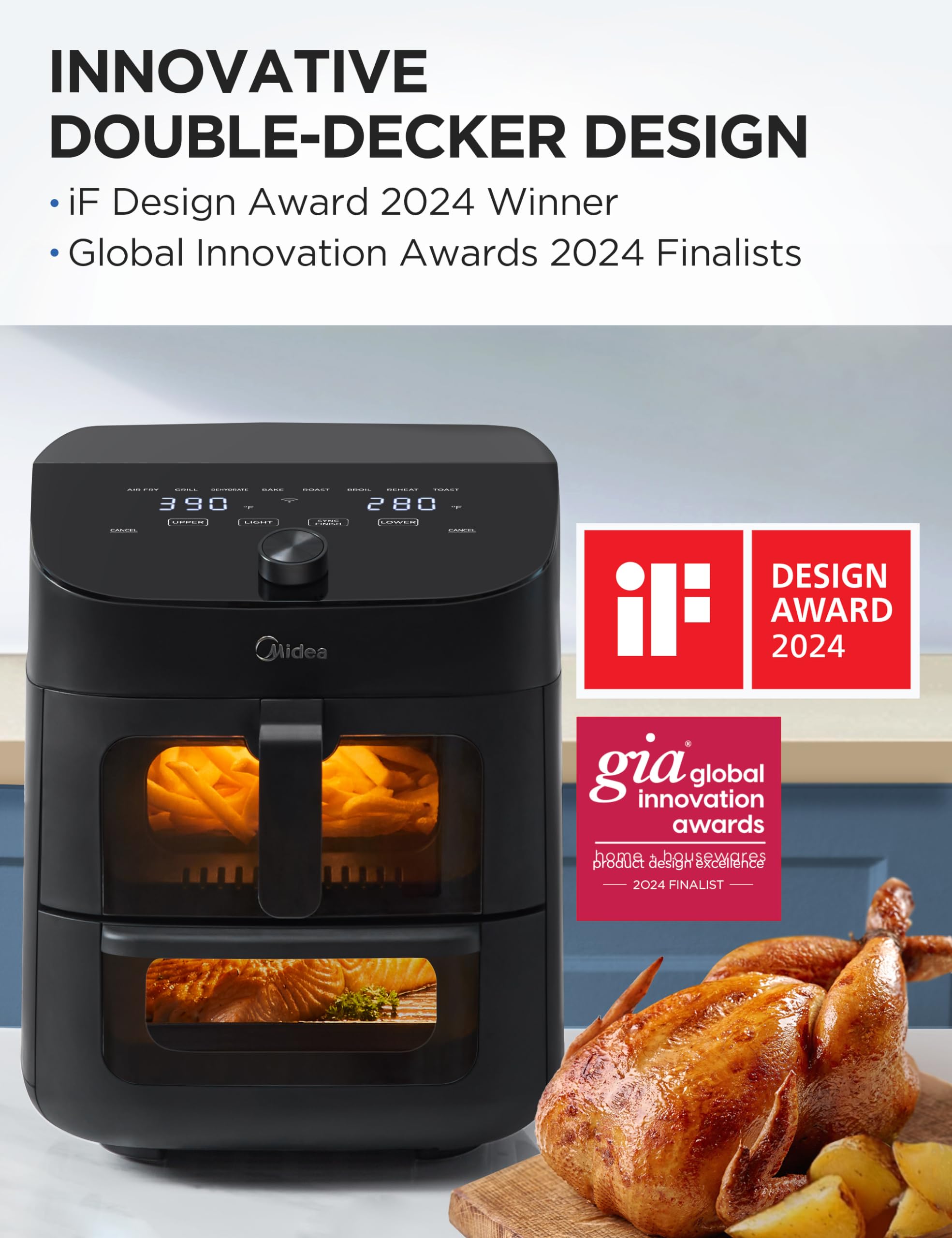 Midea 11 Quart Dual Basket Air Fryer Oven - 8-in-1 Smart Wi-Fi Enabled Appliance with Clear Window & Alexa Compatibility - Perfect for Family Meals, Baking, Roasting, Grilling, Broiling & Toasting - Ideal for Busy Families, Meal Prep & Healthy Cooking