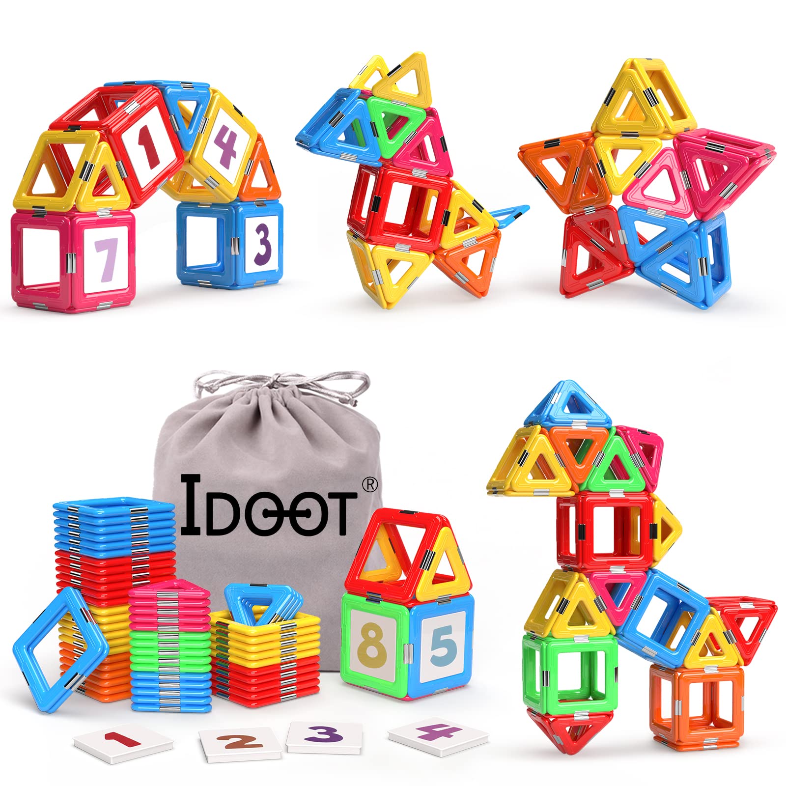 Idoot Magnetic Tiles Blocks - STEM Educational Building Toys for Kids Ages 3+, Creative Construction Play Set for Boys & Girls - Perfect for Preschool Learning, Birthday & Christmas Gifts - Includes Storage Bags - Great for Classroom, Home Play & Developmental Activities