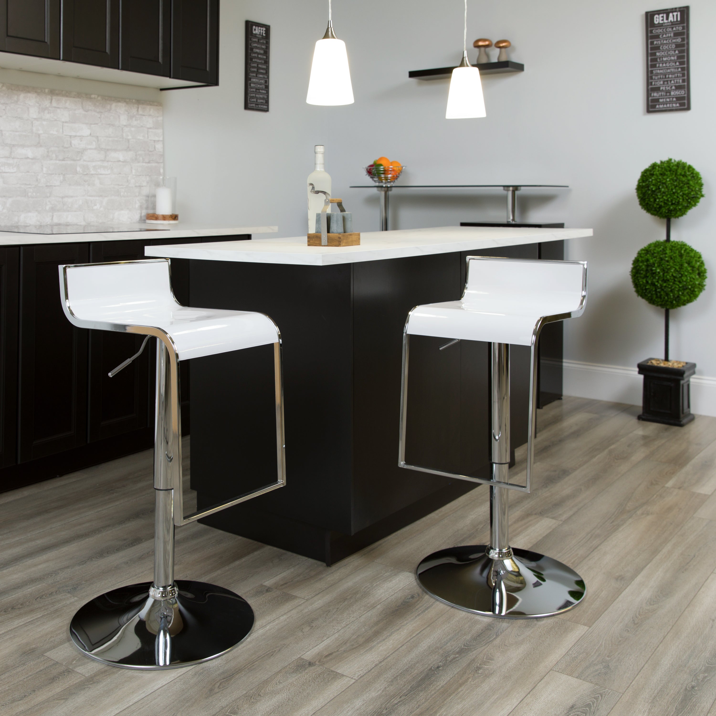 FLASH Contemporary White Plastic Adjustable Height Bar Stool with Chrome Drop Frame - Perfect for Kitchen Island, Breakfast Nook & Home Bar Decor