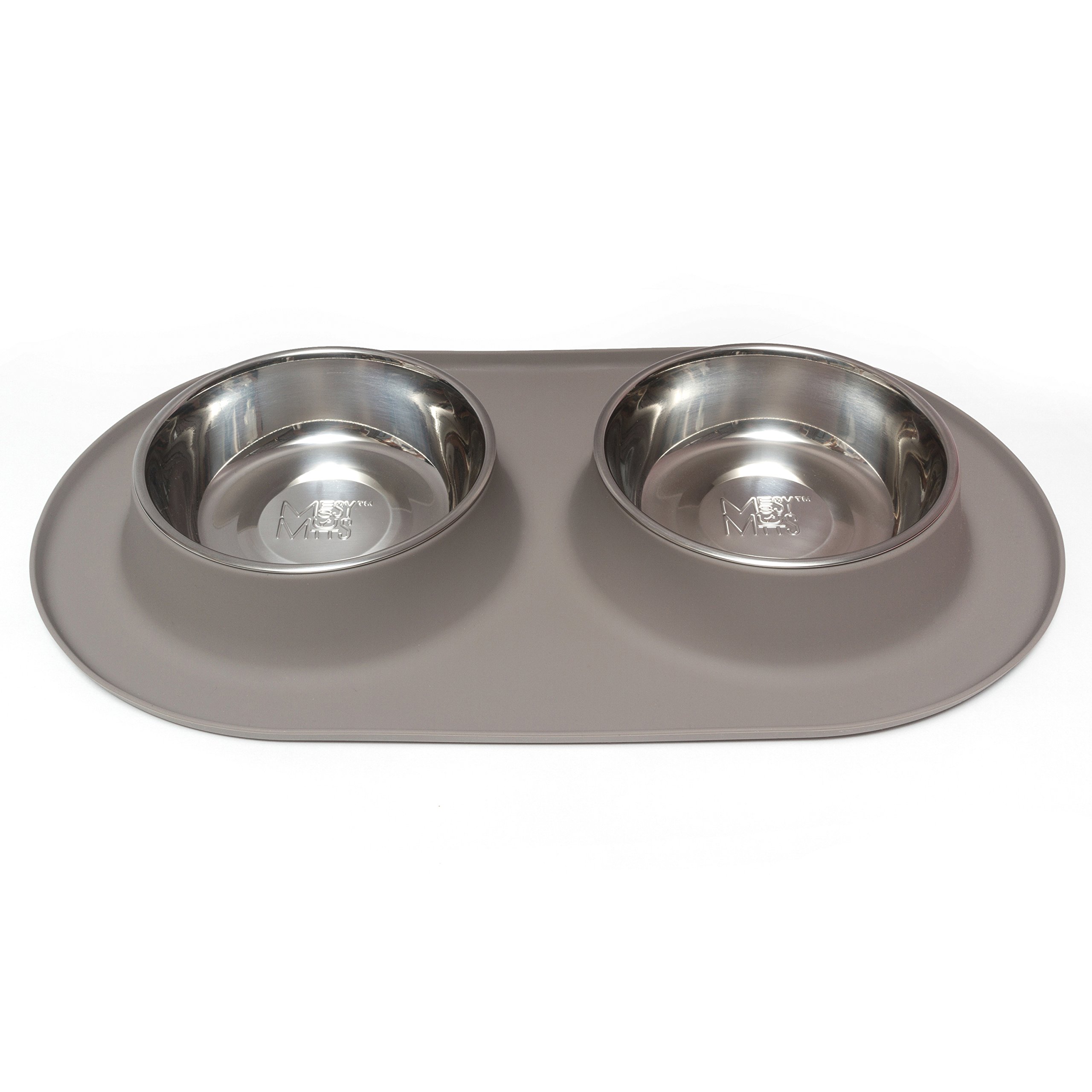 Messy Mutts Double Silicone Feeder with Stainless Steel Bowls - Non-Slip Pet Food Dish for Dogs & Cats - Large 3-Cup Capacity - Grey - Perfect for Mealtime & Travel Use