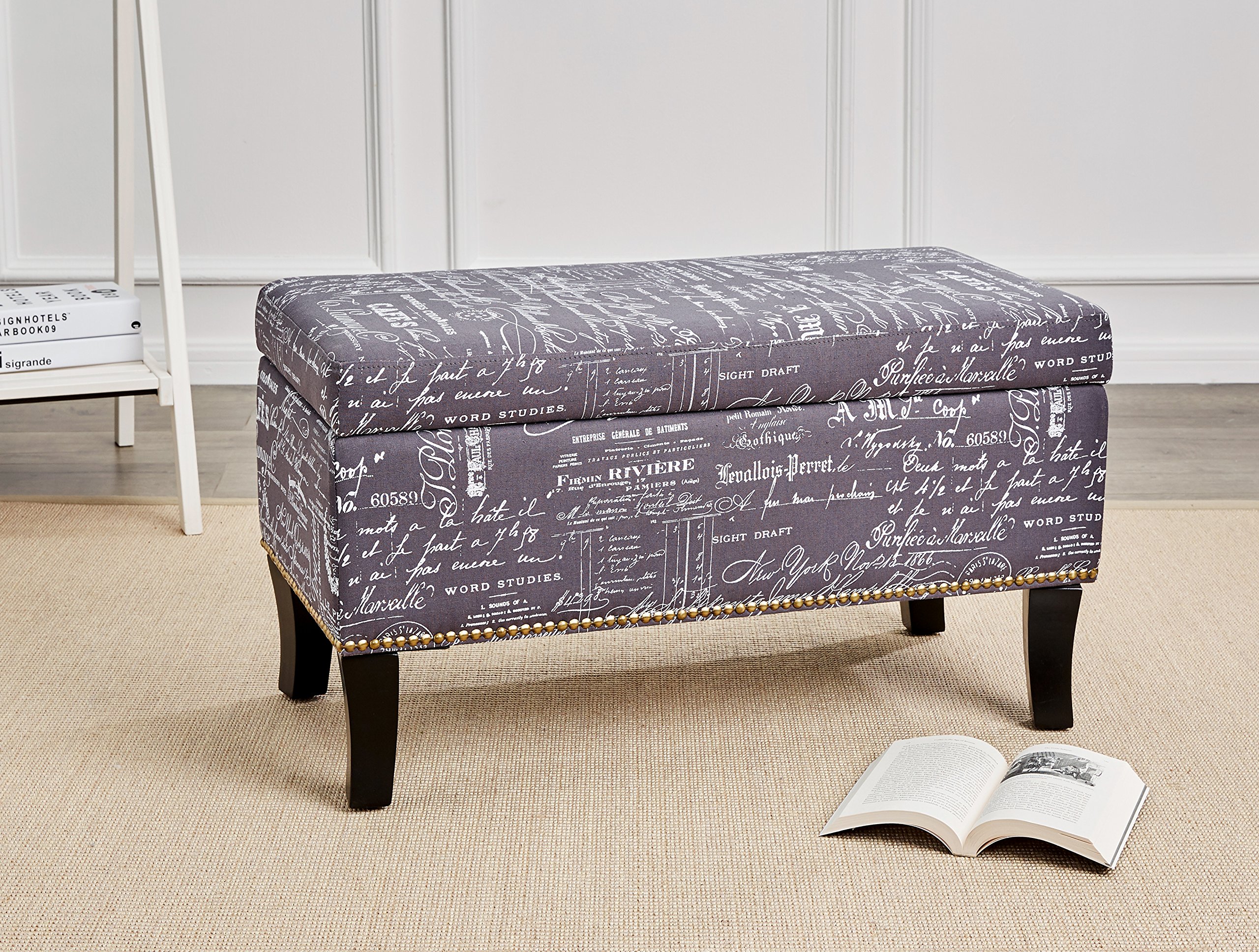 FIRST HILL FHW Endora Rectangular Fabric Storage Ottoman with Script-Style Pattern - Storm Grey | Multi-Purpose Storage Bench for Living Room, Bedroom & Entryway | Space-Saving Home Decor