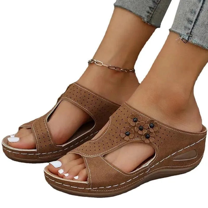 Women's Stitched Floral Wedge Sandal Shoes - Comfortable Summer Beach Wedges for Outdoor Walking, Vacation & Casual Wear