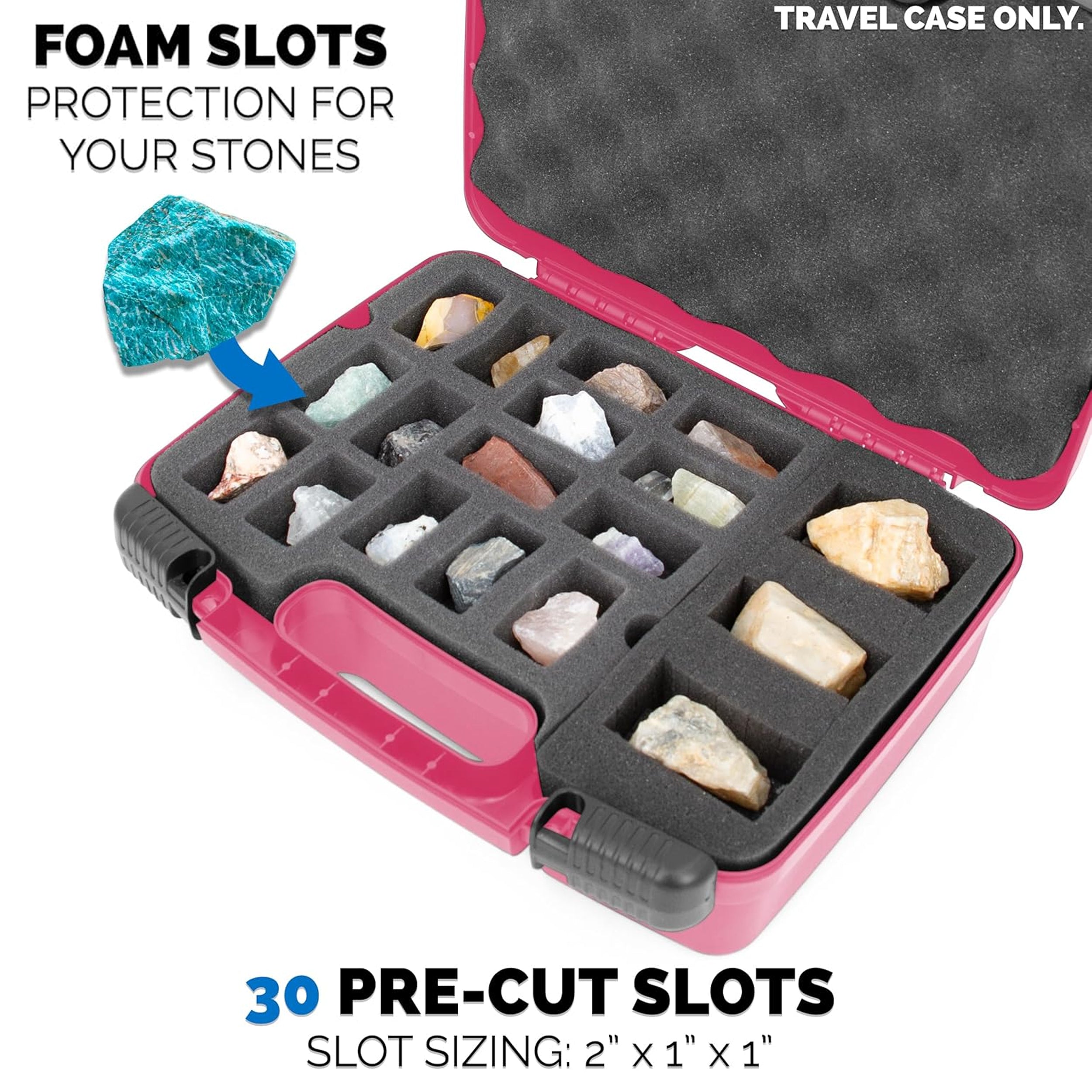 CASEMATIX Rock Collection Travel Case - 30 Slot Rock Storage Box with 2 Pre-Cut Foam Trays, Customizable Foam Sections for Crystal Protection | Perfect for Geology Field Trips, Mineral Collecting & Travel Organization