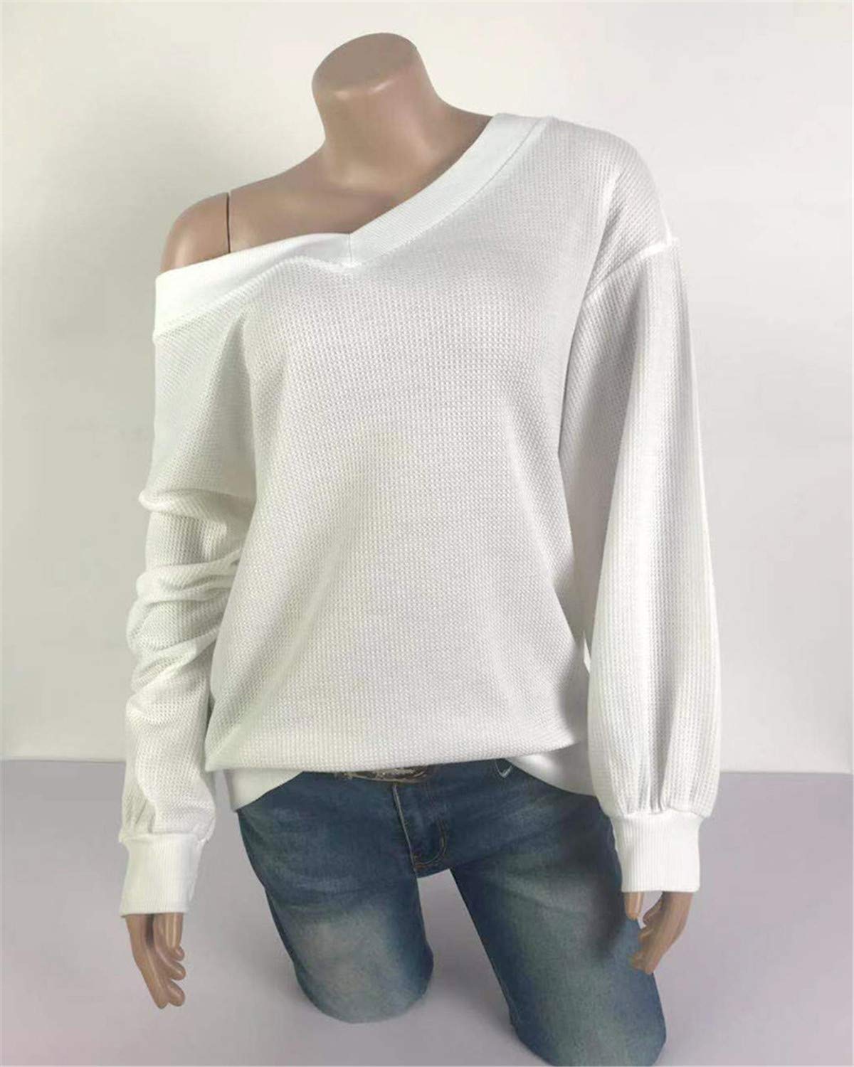 Dreamskull Women's V-Neck Batwing Long Sleeve Waffle Knit T-Shirt Off Shoulder Sweater Top | Casual Fall & Winter Fashion | Perfect for Date Nights, Office Wear and Weekend Outings