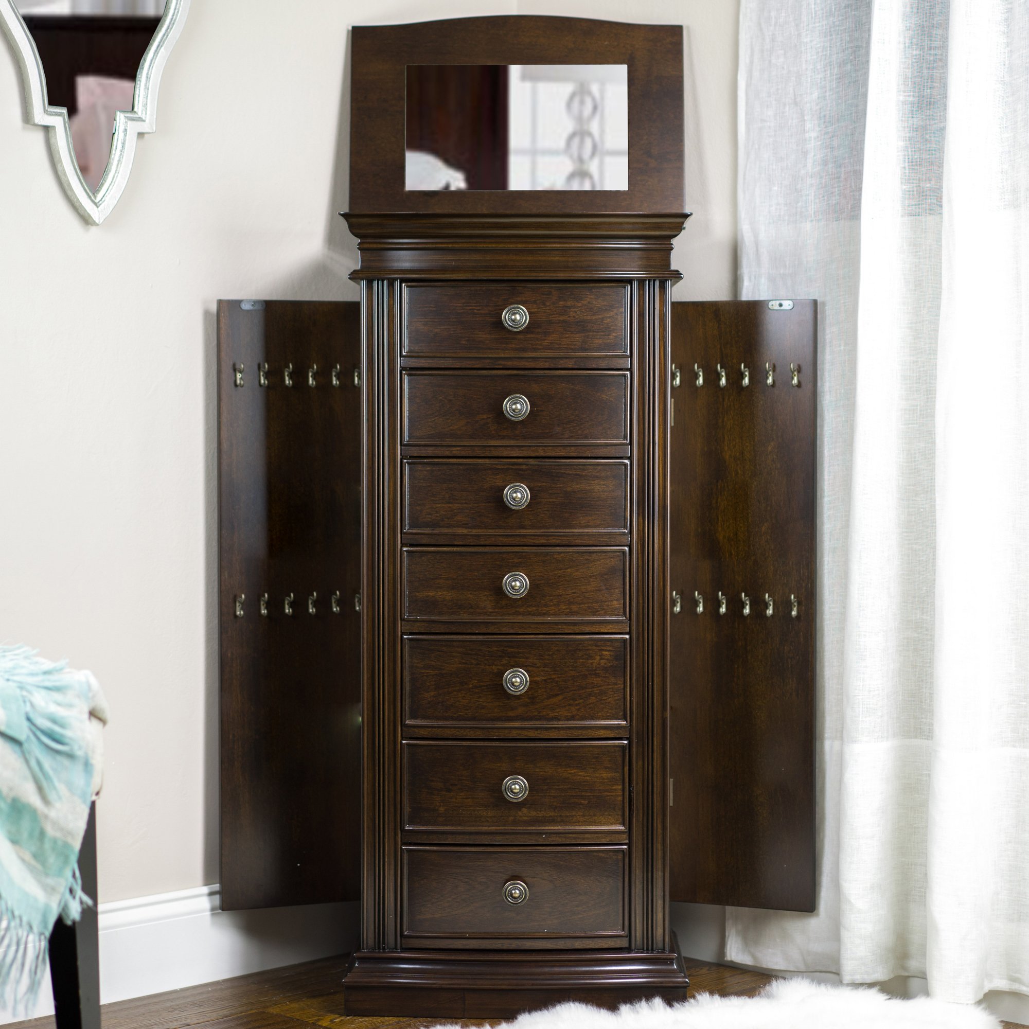 Lawson Standing Jewelry Armoire Cabinet - Walnut Wood Jewelry Storage Organizer with Flip Top Mirror, 2 Side Doors & 7 Drawers - Perfect for Necklaces, Earrings & Bracelets - Ideal for Bedroom, Dressing Room & Closet Organization
