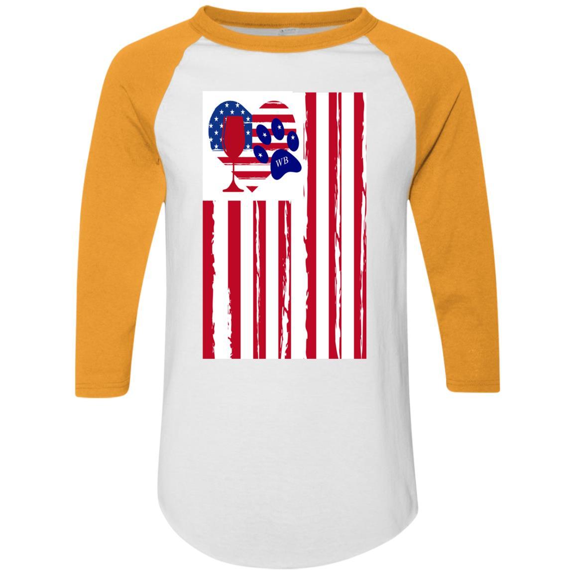 American Flag Wine Glass with Paw Heart Design - Colorblock Raglan Jersey for Women | Perfect for Patriotic Parties, BBQ Gatherings & Wine Lovers