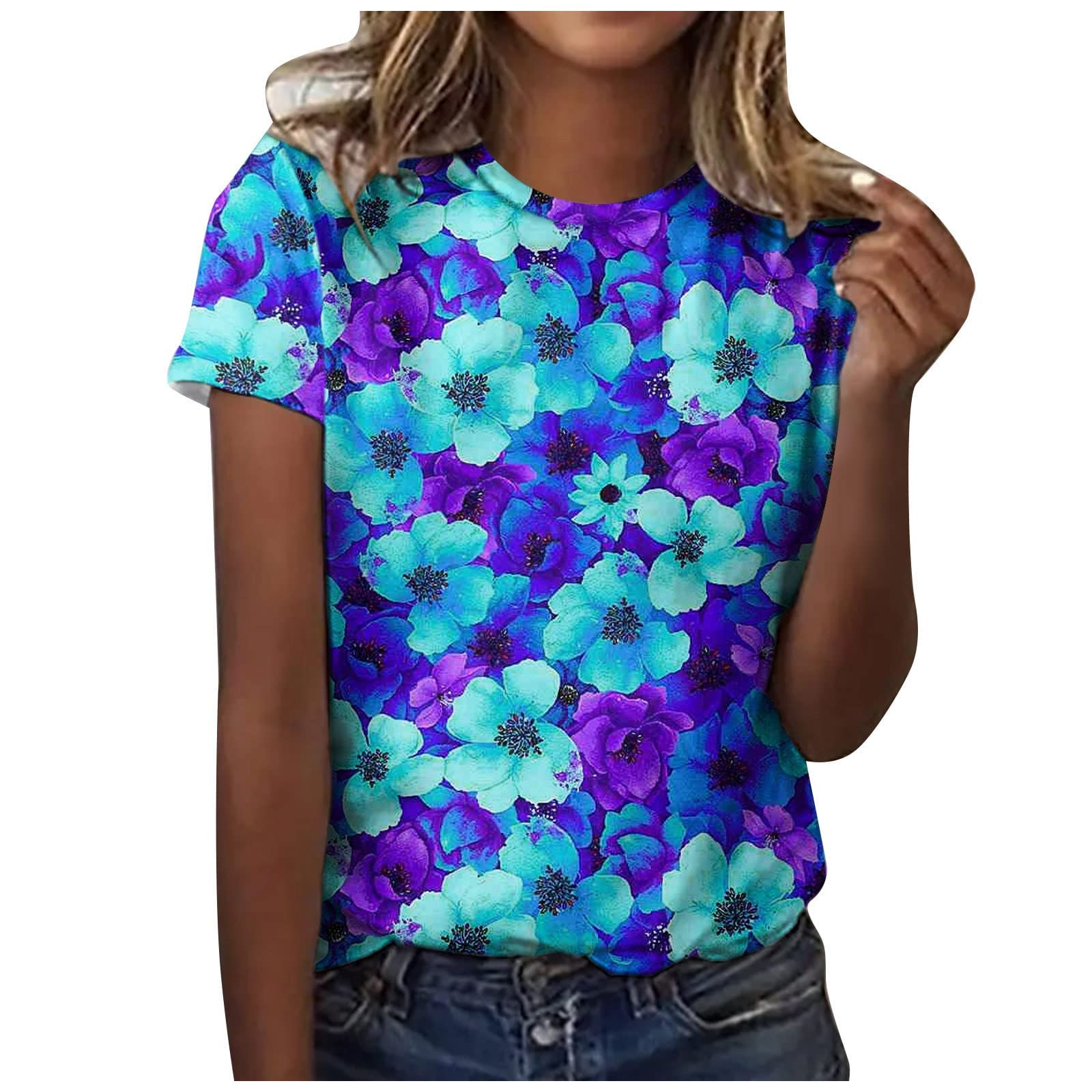 Women's Cute Summer Tops - Colorful Floral Printed Short Sleeve T-Shirts & Casual Blouses with Round Neck | Perfect for Beach Outings, Vacation Wear & Everyday Casual Style