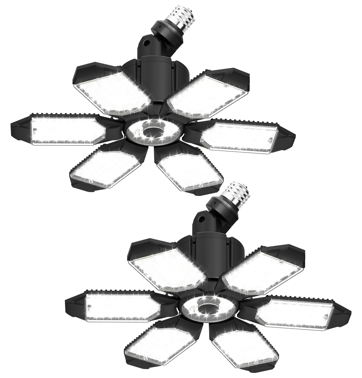 Super Bright 15000LM LED Garage Lights 2 Pack - 6500K Daylight White, 360°&180° Adjustable Ceiling Lighting with 6 Deformable Panels, E26/E27 Screw-in Base - Perfect for Garage, Workshop, Basement, Storage Barn & Attic