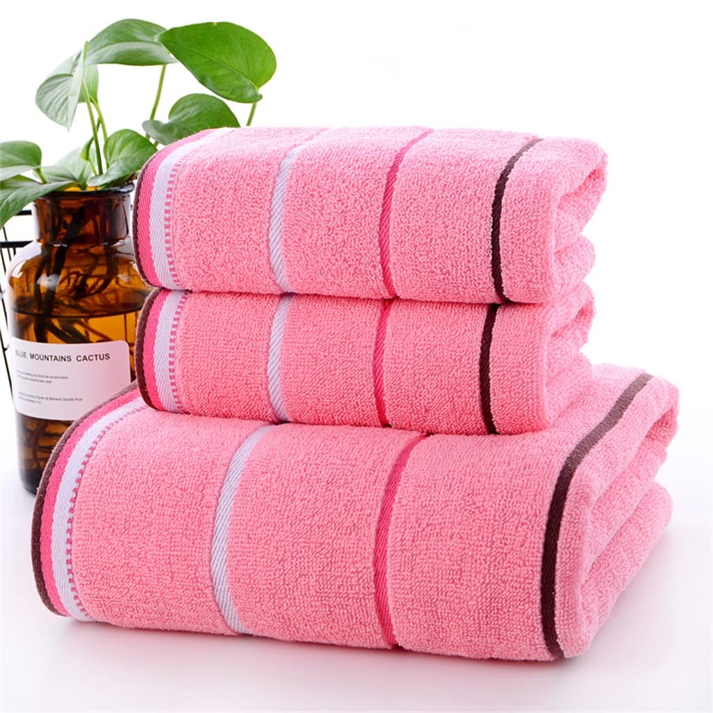 Premium 3-Piece Cotton Striped Bath Towel Set - Super Absorbent & Soft, Includes Towel Bag - Perfect for Spa, Gym & Home Bathroom (Pink)