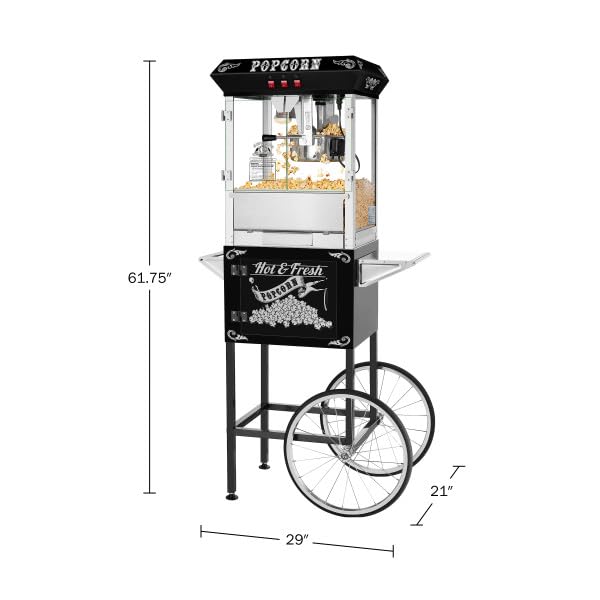 Superior Popcorn Machine with Cart - 8oz Commercial Popcorn Popper with Stainless Steel Kettle, Heated Warming Deck & Old Maids Drawer - Perfect for Movie Nights, Parties & Concession Stands (Black)