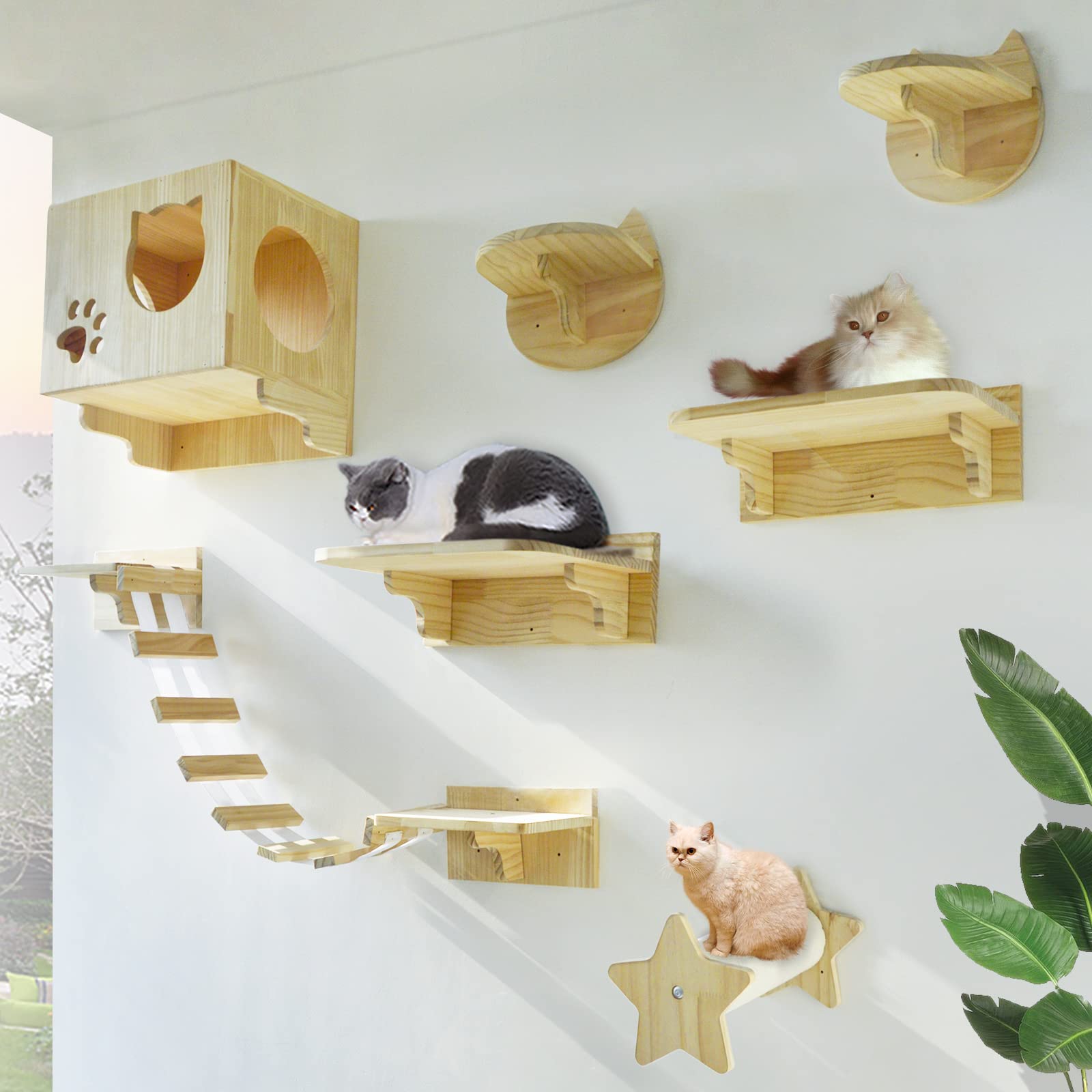 La La Pet® Wall Mounted Cat Furniture Set of 9 - Wooden Cat Shelves, Perches, Steps Ladder, Bed & Climbing Structure - Modern Cat Lounger & Activity Tree for Indoor Cats - Perfect for Small Spaces & Multi-Cat Homes