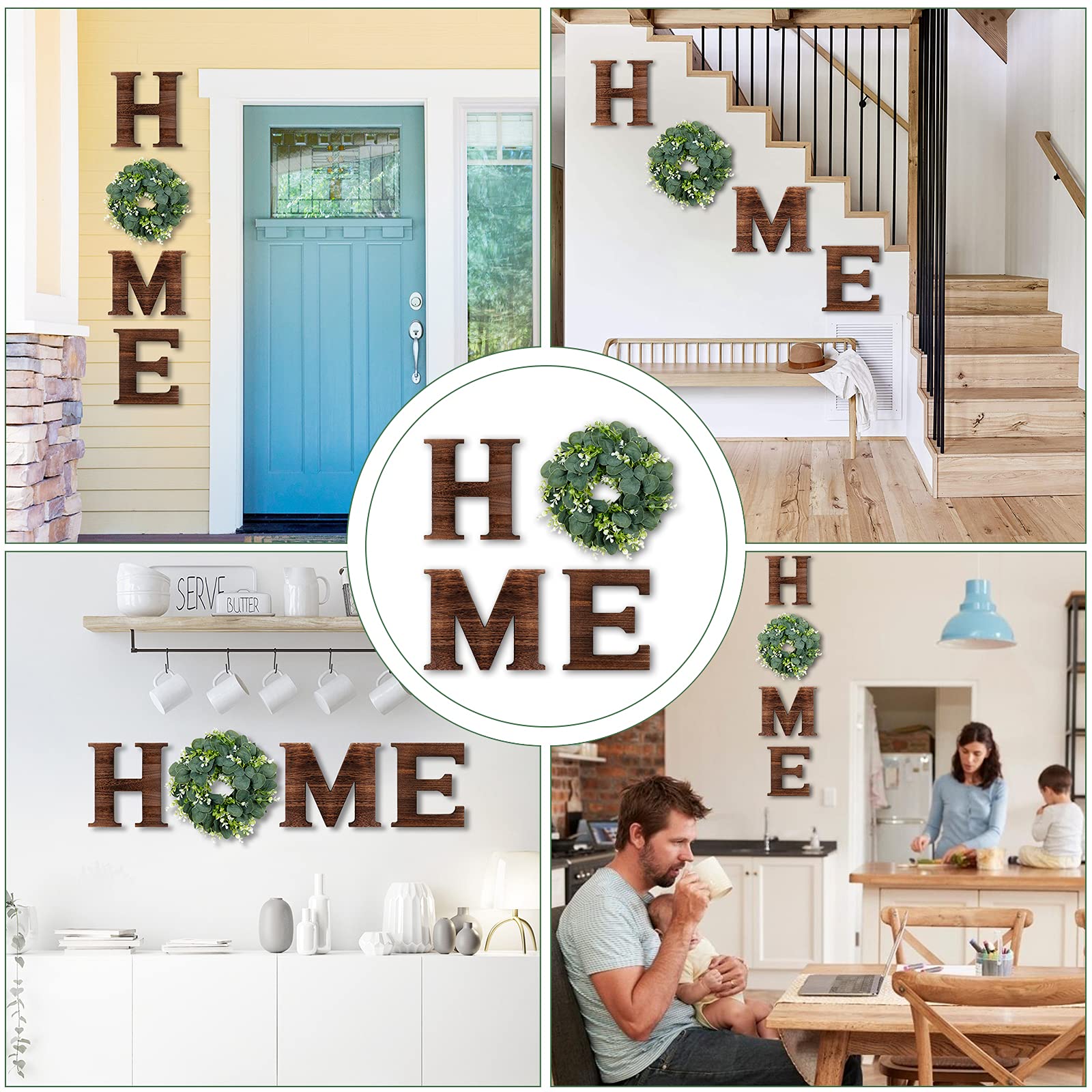 Rustic Wood Wall Decor with Eucalyptus Wreath - Farmhouse Style for Living Room & Kitchen