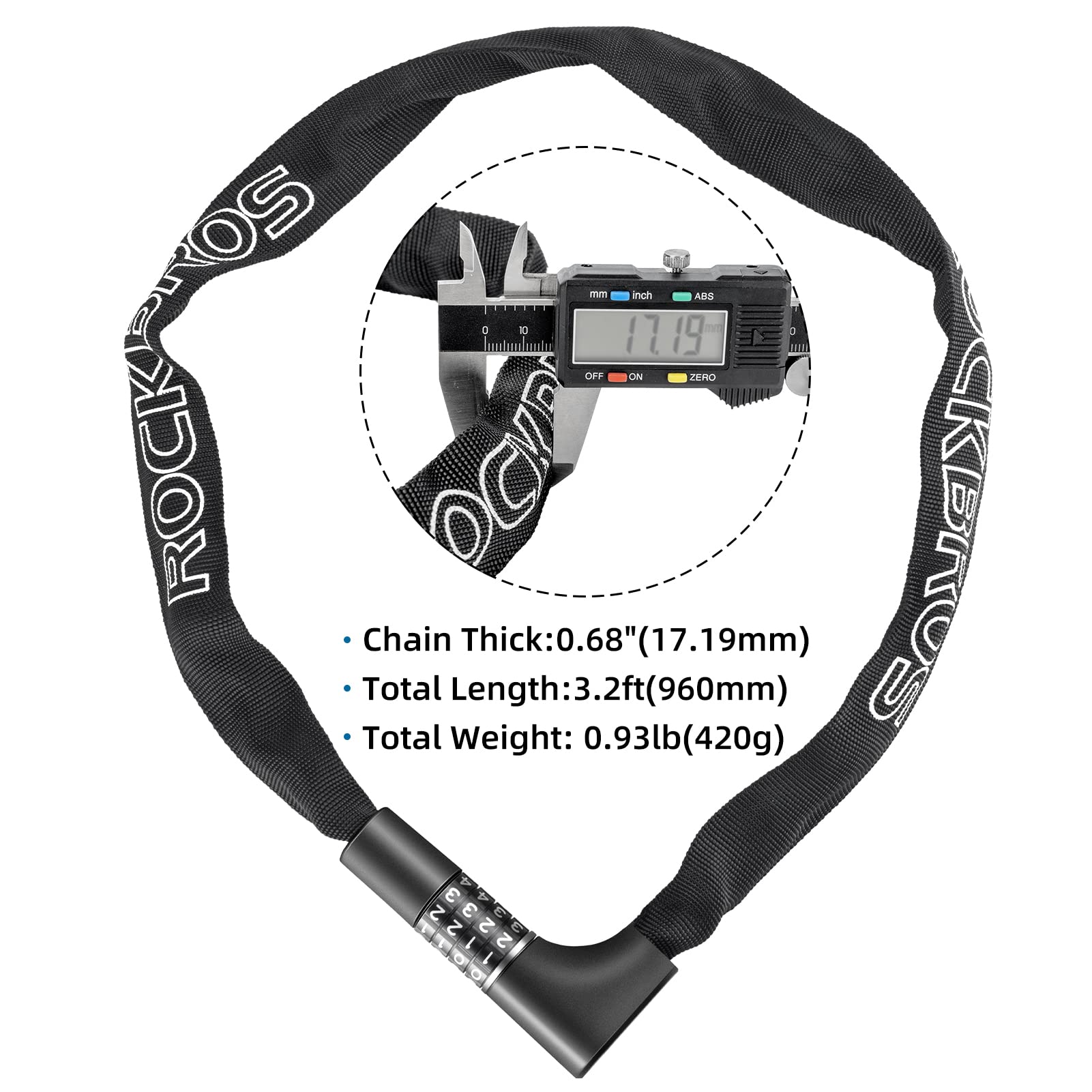 ROCKBROS Heavy Duty Anti-Theft Bike Lock - 3.2FT High Security Bicycle Chain Lock with Resettable Combination & 2 Keys for Bikes, Motorcycles, Scooters - Perfect for Outdoor Cycling, Garage Storage, and Home Security Protection