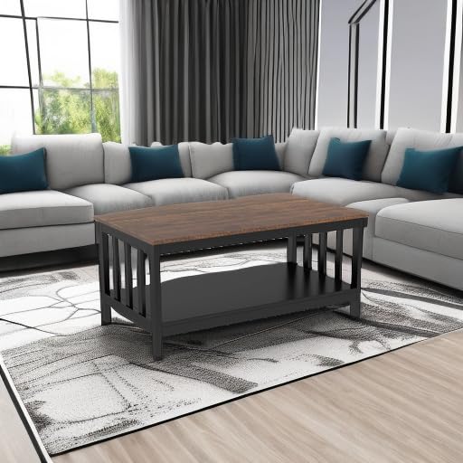 ChooChoo Farmhouse Coffee Table - 40 Inch Rustic Black Wooden Living Room Table with Storage Shelf | Perfect for Small Spaces, Farmhouse Decor & Cozy Living Rooms