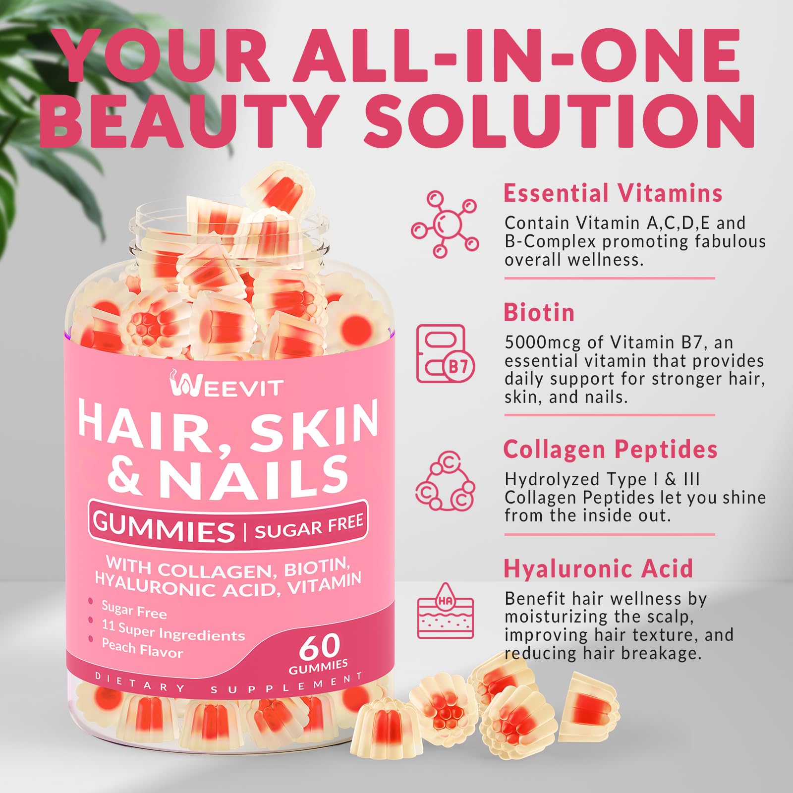 Sugar Free Hair Skin & Nails Vitamins Gummies for Women - Biotin, Hyaluronic Acid, Collagen, Vitamin E&C Supplement for Hair Growth, Stronger Nails & Glowing Skin - Perfect for Daily Beauty Routine & Healthy Lifestyle