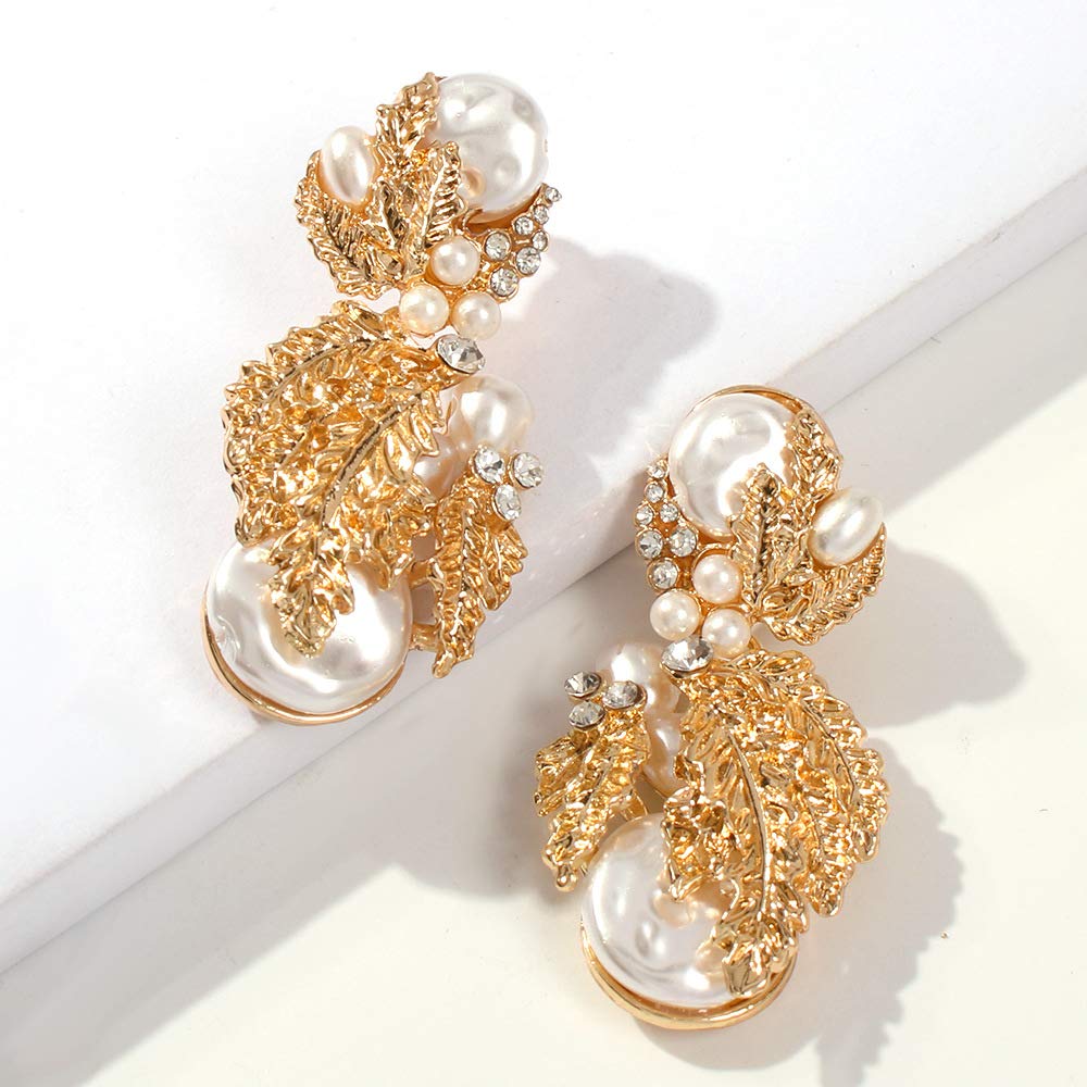 Wiwpar Gold Geometric Pearl Drop Statement Earrings for Women - Elegant Rhinestone Dangle Earrings for Parties, Weddings & Special Occasions