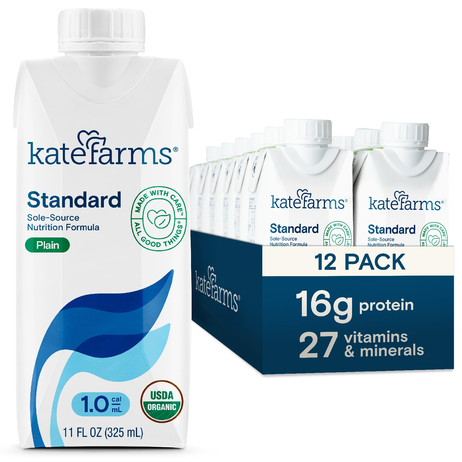 KATE FARMS Organic 1.0 Nutrition Shake - Meal Replacement Protein Drink with 16g Protein, 27 Vitamins & Minerals, Plain Flavor, 11 oz (12 Pack) - Ideal for Weight Management, Post-Workout Recovery & Busy Lifestyles