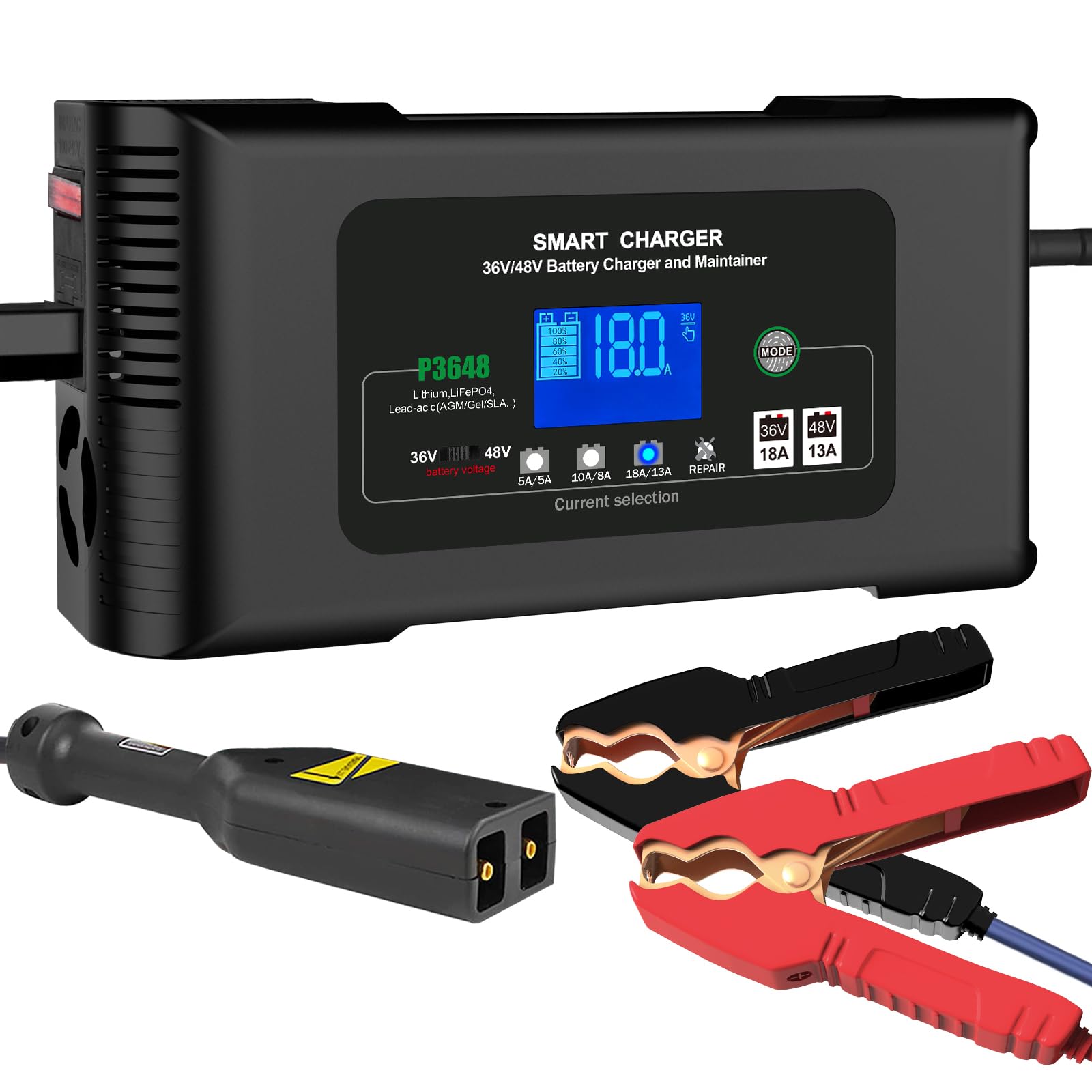 36V 18A & 48V 13A Golf Cart Battery Charger - Compatible with EZGO TXT, Powerwise, Lithium, LiFePO4, Lead-Acid AGM/Gel/SLA Batteries - D Style Plug - Perfect for Golf Carts, Electric Vehicles & Marine Applications