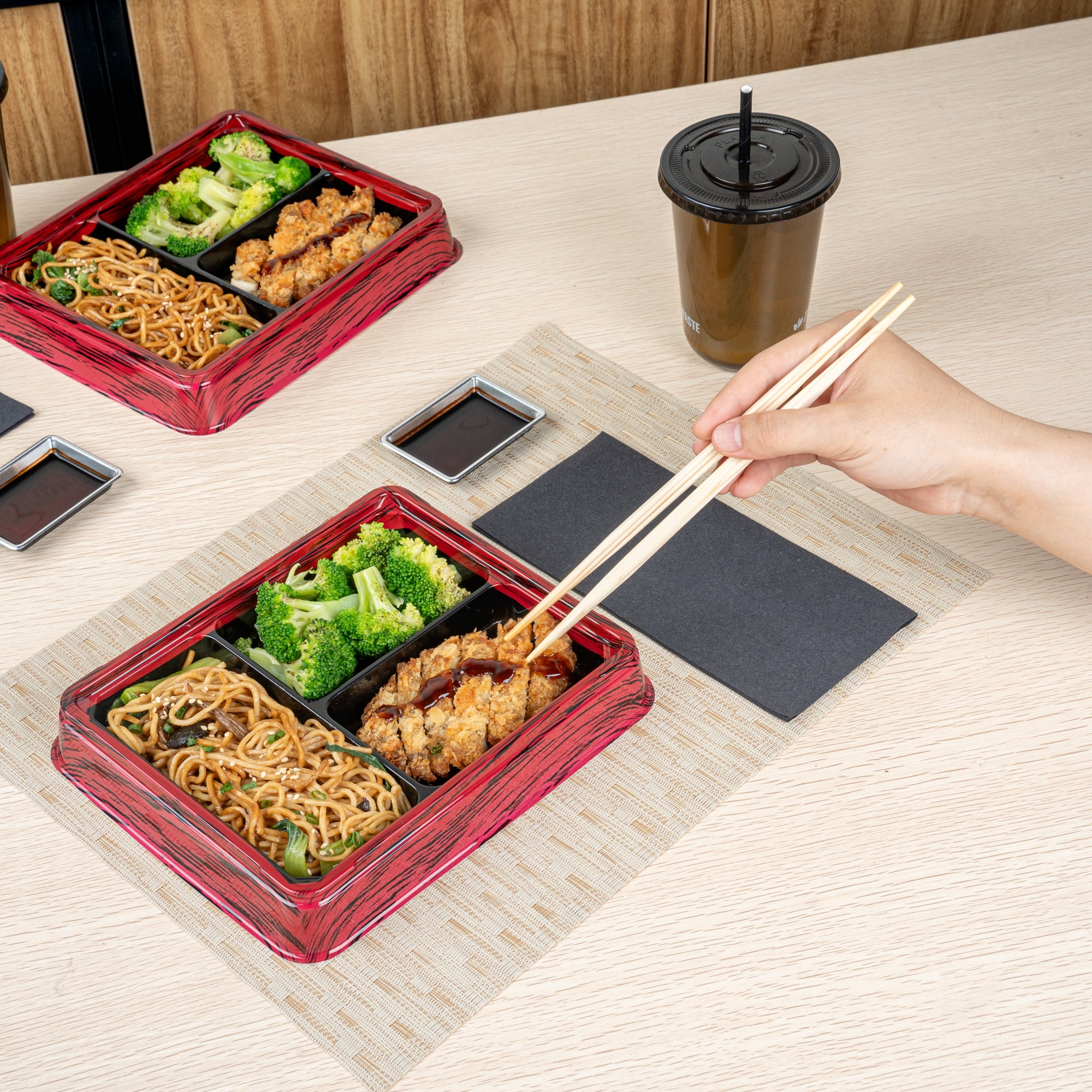 Bento Tek 16 oz Rectangle Red and Black Plastic Bento Box - 3 Compartments Lunch Container (8.75