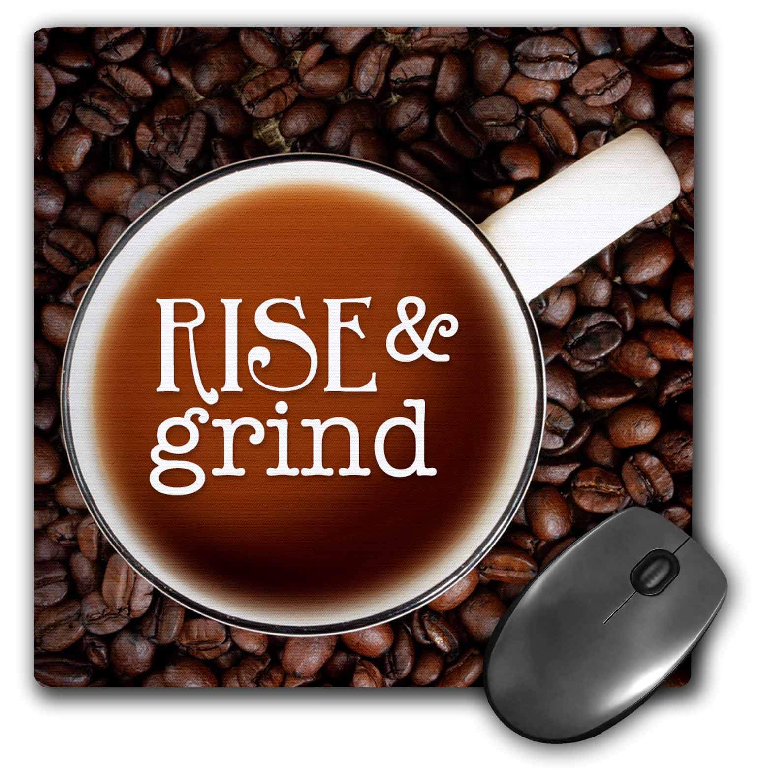 3dRose 8x8 Inch Coffee Mouse Pad with Photograph of Coffee Cup & Beans - 'Rise and Grind' Motivational Design for Office, Gaming & Work from Home Setup