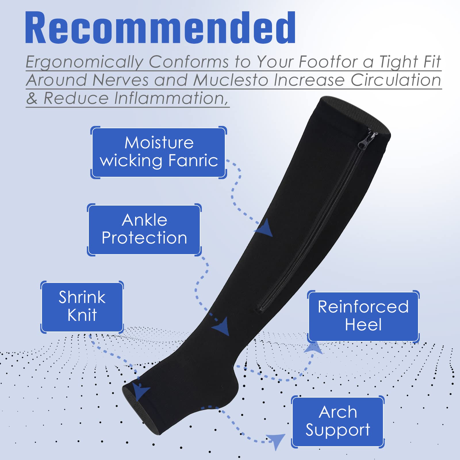 Bropite Open Toe Zipper Compression Socks - 2 Pairs Knee High Support Stockings for Walking, Running, Hiking & Sports - Ideal for Athletes, Travelers & Nurses