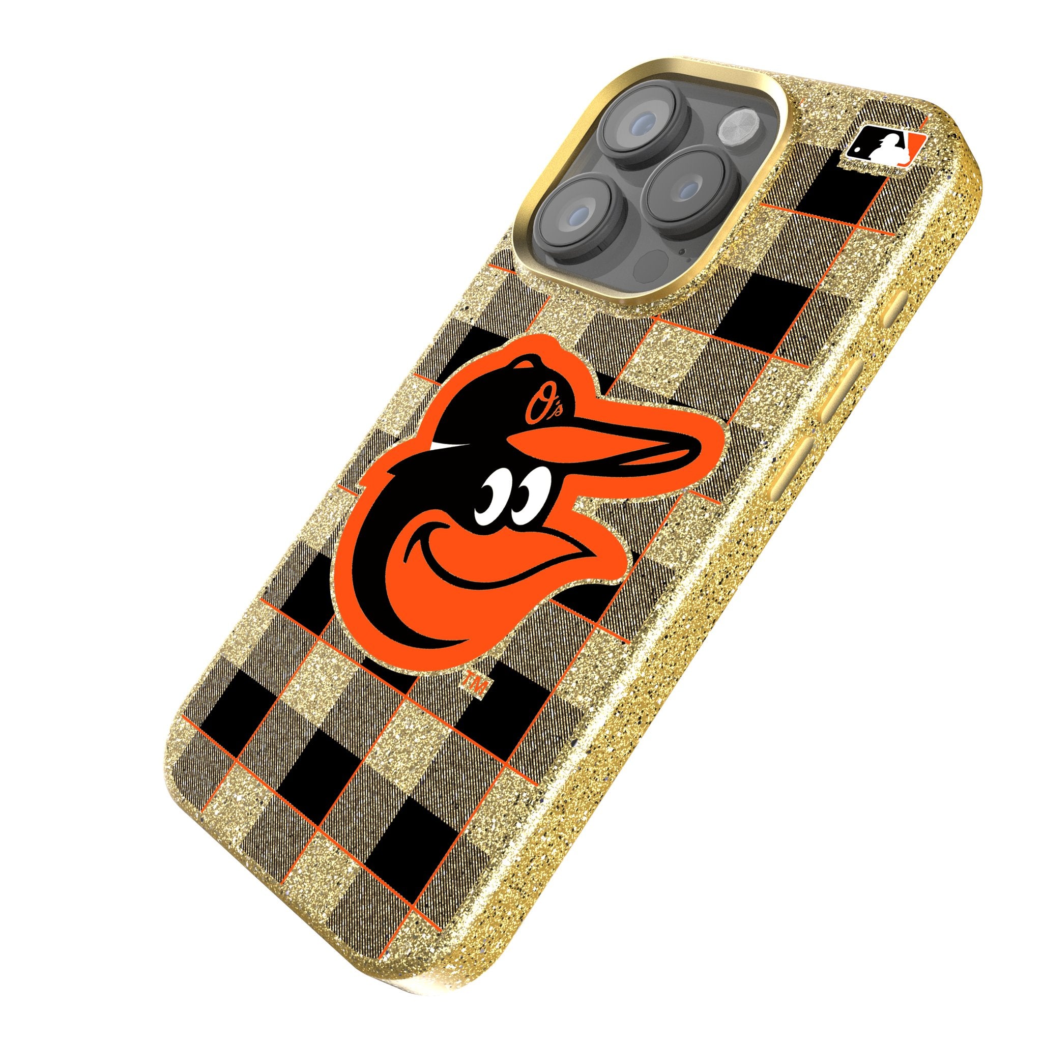 Baltimore Orioles Plaid Bling Phone Case - Stylish Rhinestone MLB Team Design for iPhone & Samsung - Perfect for Baseball Games & Everyday Use