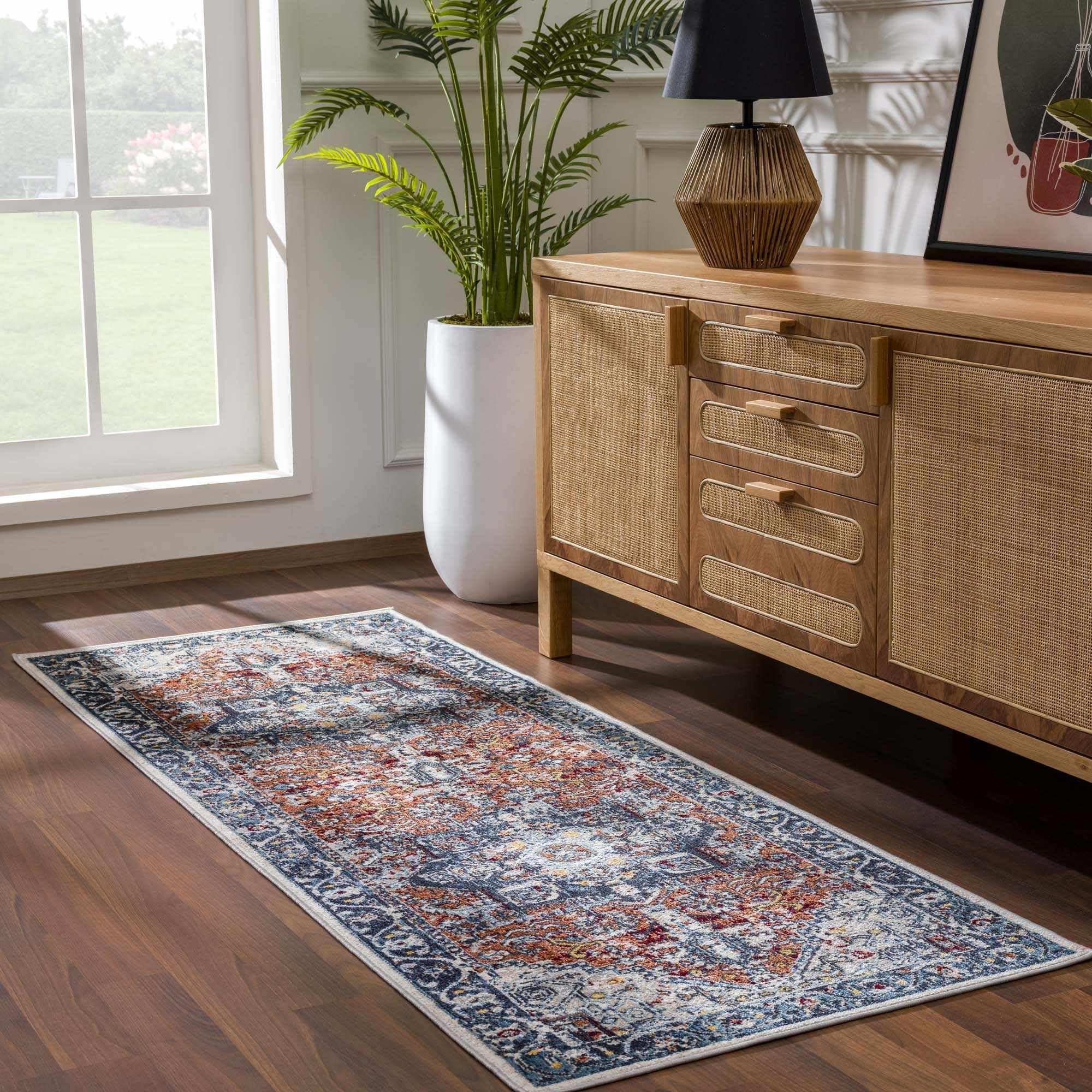 Hauteloom Uson Machine Washable Area Rug for Living Room & Bedroom - Traditional Design in Teal, Blue, Rust - 6'7