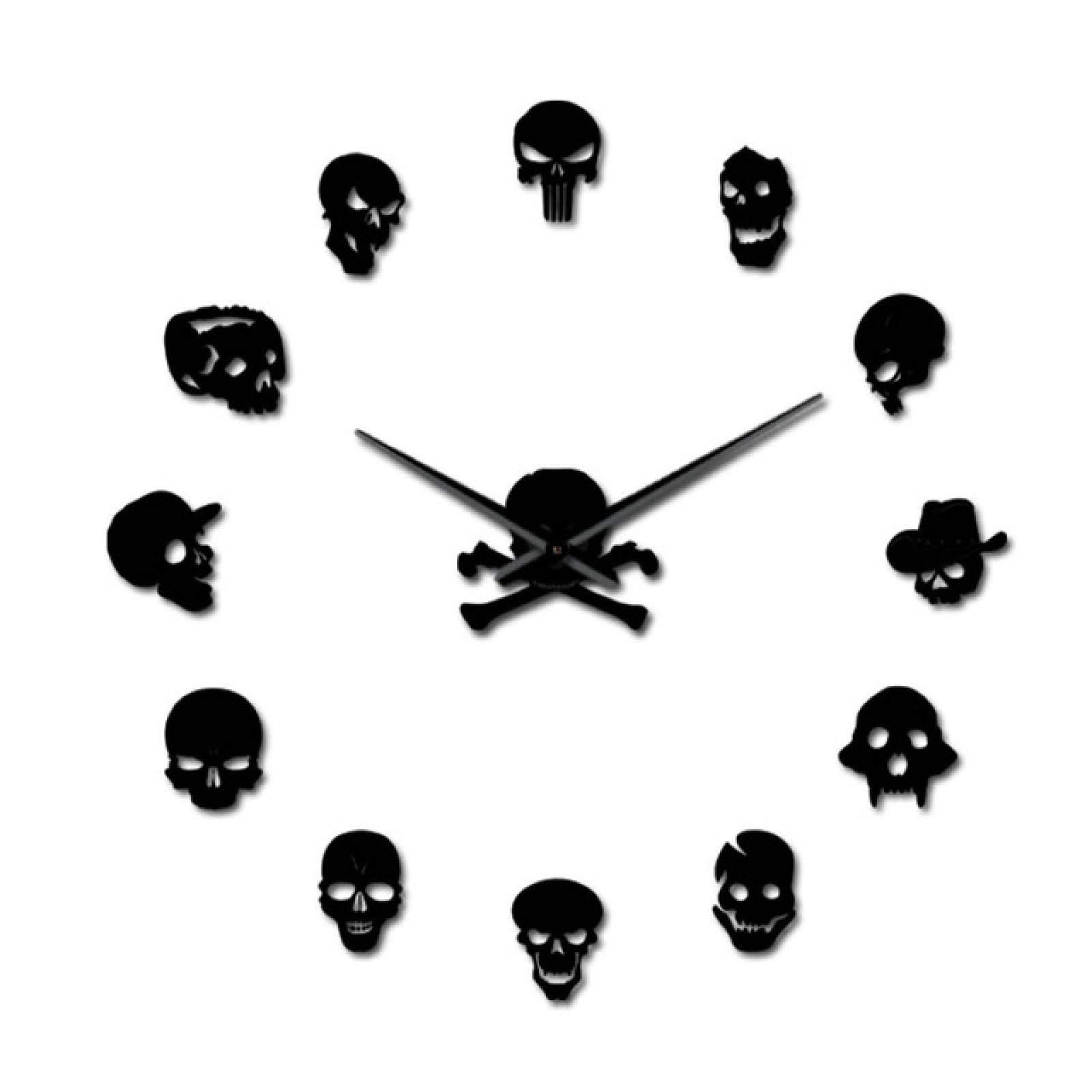 3D Skull Head Acrylic Wall Clock - Frameless DIY Zombie Head Design with Big Needles, Self-Adhesive Mirror Surface - Perfect for Living Room, Office, Halloween & Gothic Home Decor