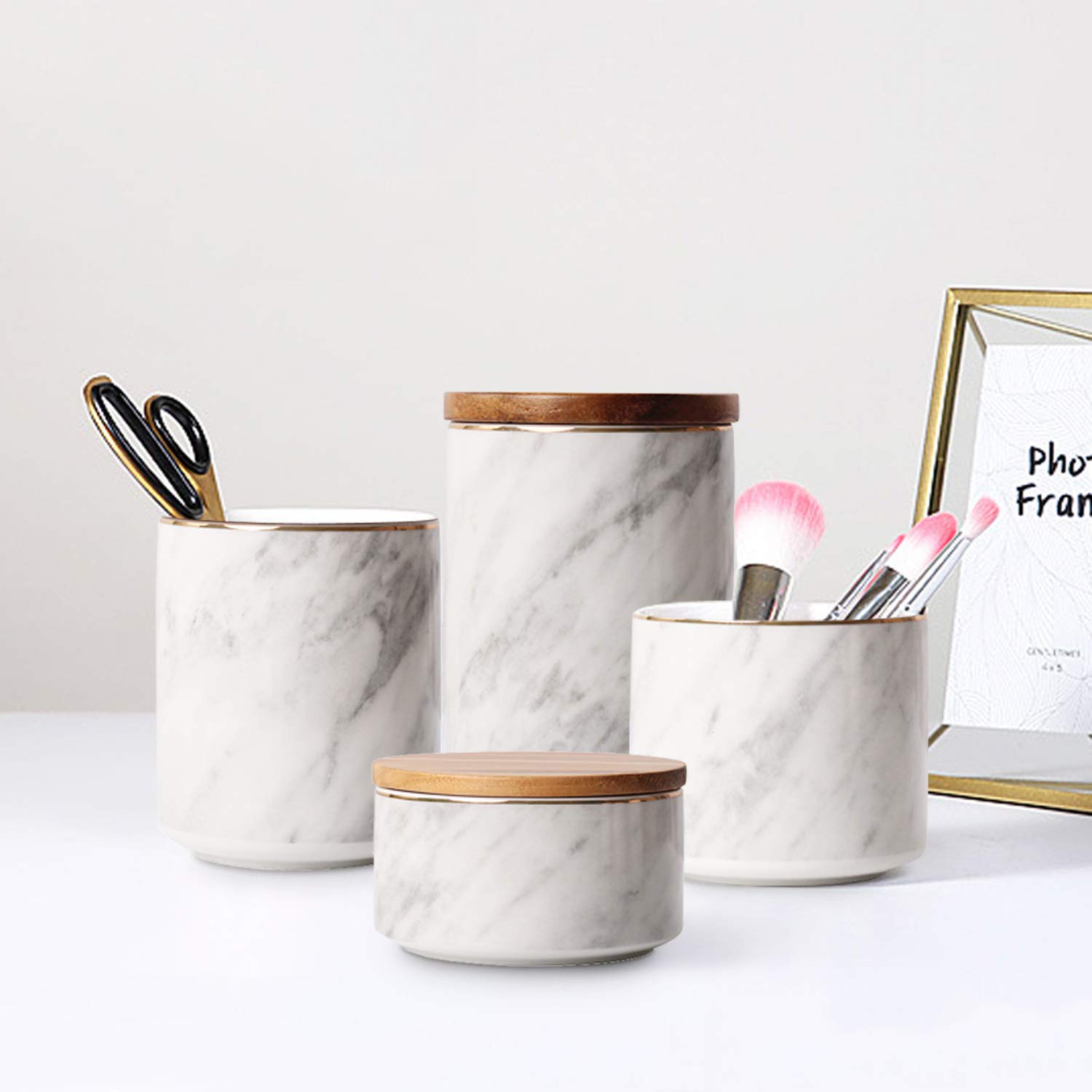 Bakoustar 800ML Ceramic Food Storage Jar with Airtight Seal - Modern Design Wooden Lid Canister for Tea, Coffee, Sugar, Spices, Makeup Brushes & Organizing Kitchen Pantry | Perfect for Home, Office & Gift Giving