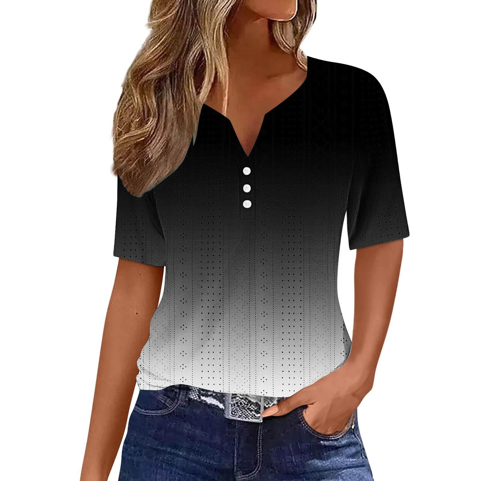 Women's Summer Capris & Casual Short Sleeve Blouses - 2024 Trendy V-Neck Henley Shirts with Eyelet Embroidery | Perfect for Beach Outings, Weekend Brunch & Summer Travel Outfits