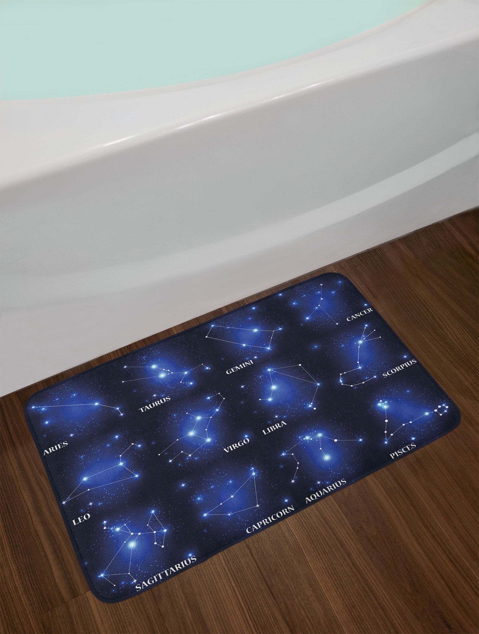 Ambesonne Zodiac Constellation Bath Mat - Non-Slip Plush Bathroom Rug with Esoteric Star Design, 30.2 x 20 Inches, Dark Blue & White - Perfect for Astrology Lovers' Home Decor & Spa Retreat