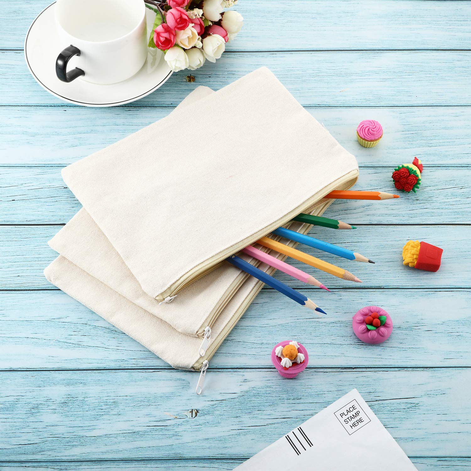 10pc Canvas Makeup Pouch with Zipper - Travel Toiletry Bag for Cosmetics & DIY Crafts (Beige/Black)