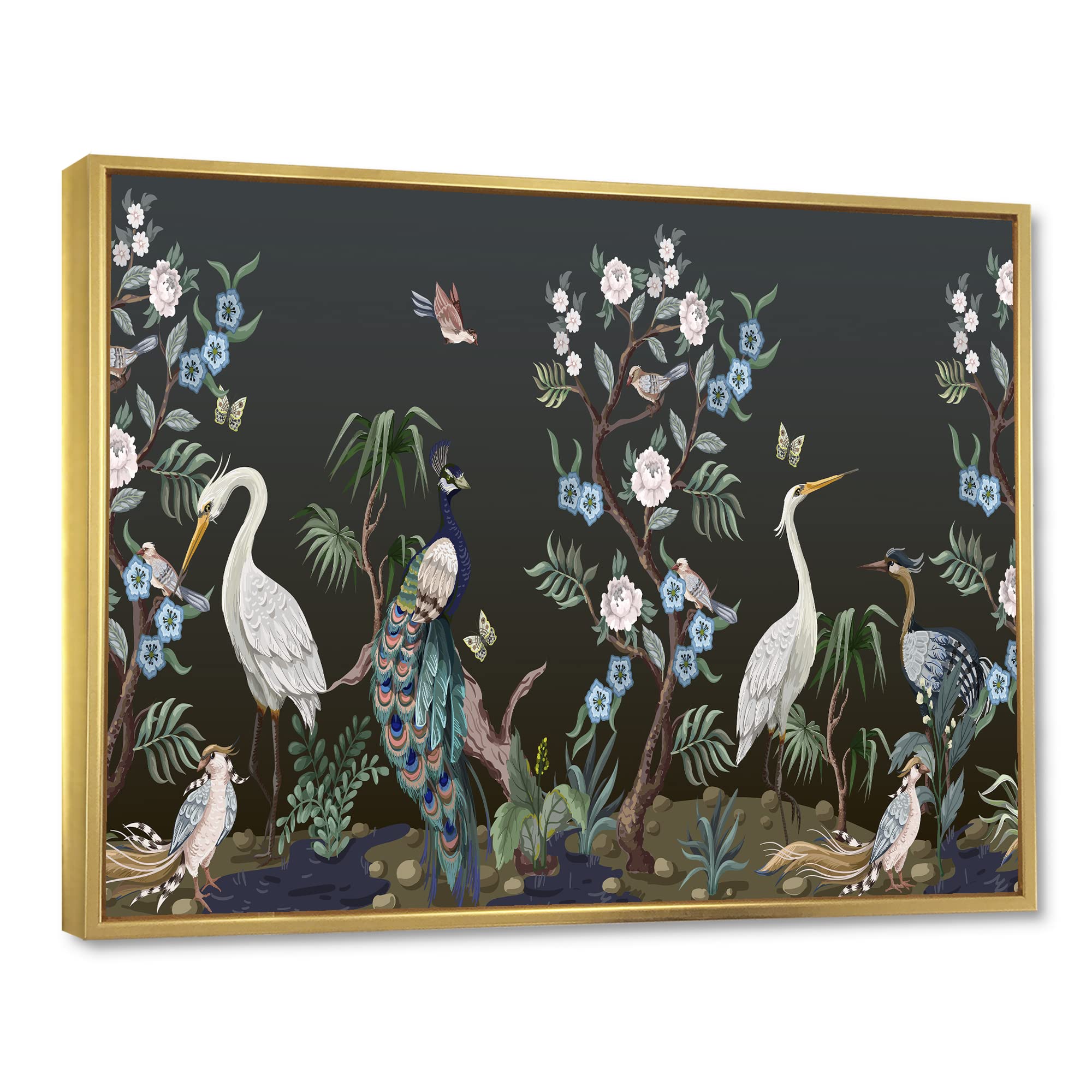 DesignQ Chinoiserie With Birds and Peonies IV - Traditional Framed Canvas Wall Art Print - Home Decor for Living Room, Bedroom & Office