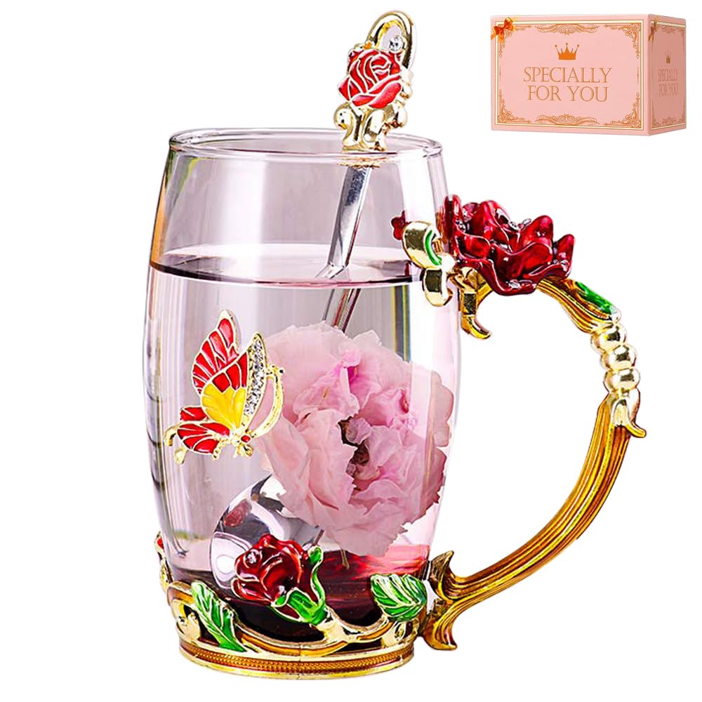 Butterfly Flower Enamel Glass Tea Cup & Coffee Mug - Rose Red Cute Gift for Women, Mom, Grandma, Wife - Perfect for Mother's Day, Anniversary, Christmas, Valentine's Day - Ideal for Tea Parties, Coffee Breaks & Home Decor