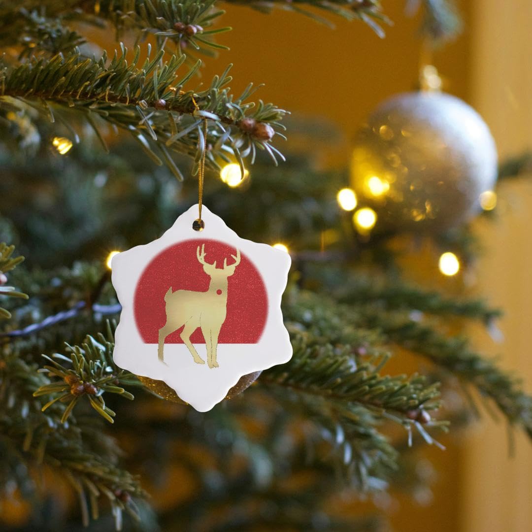 3D Christmas Ornament - 3-Inch Porcelain Red Nosed Reindeer with Gold & Red Snowflake Design | Holiday Tree Decor for Xmas, Winter Home Decor, Gift Idea