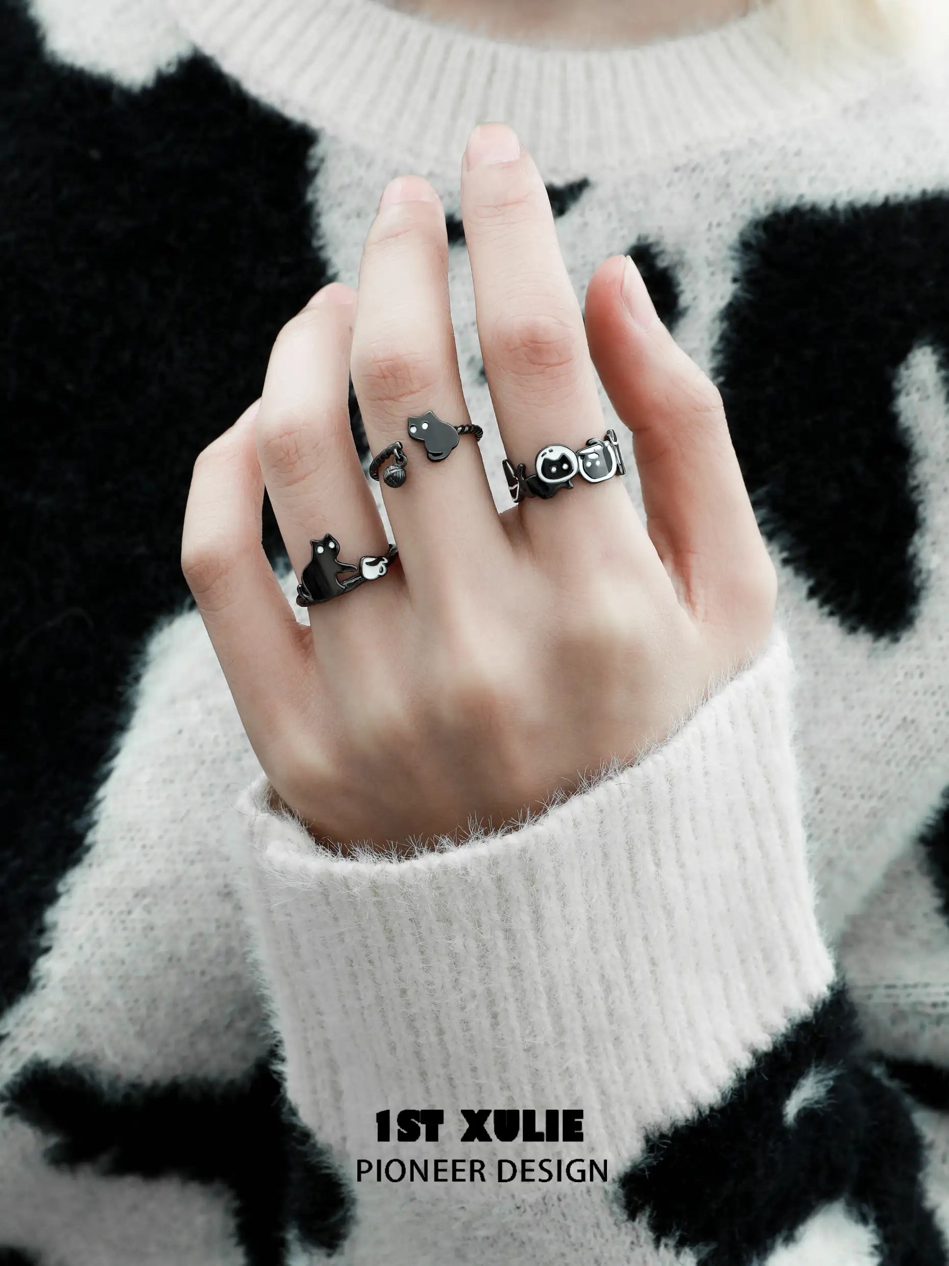 Black Cat Ghost S925 Sterling Silver Adjustable Ring for Women - Gothic Jewelry for Halloween, Witchy Aesthetic & Dark Fashion Accessories