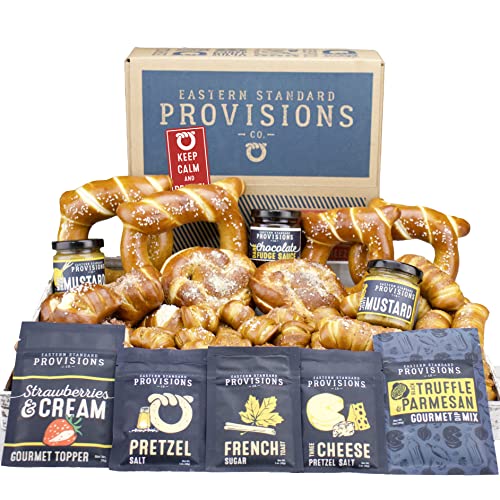 Eastern Standard Provisions Keep Calm and Pretzel On Gift Box - Freshly Baked Gourmet Soft Pretzel Variety Pack with Artisan Salt & Dipping Sauce | Perfect for Parties, Gifts & Snacking