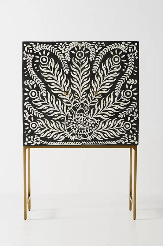 Exquisite Black & White Bone Wood Inlay Cabinet with Peacock Design - Handcrafted Home Decor for Living Room, Bedroom & Entryway