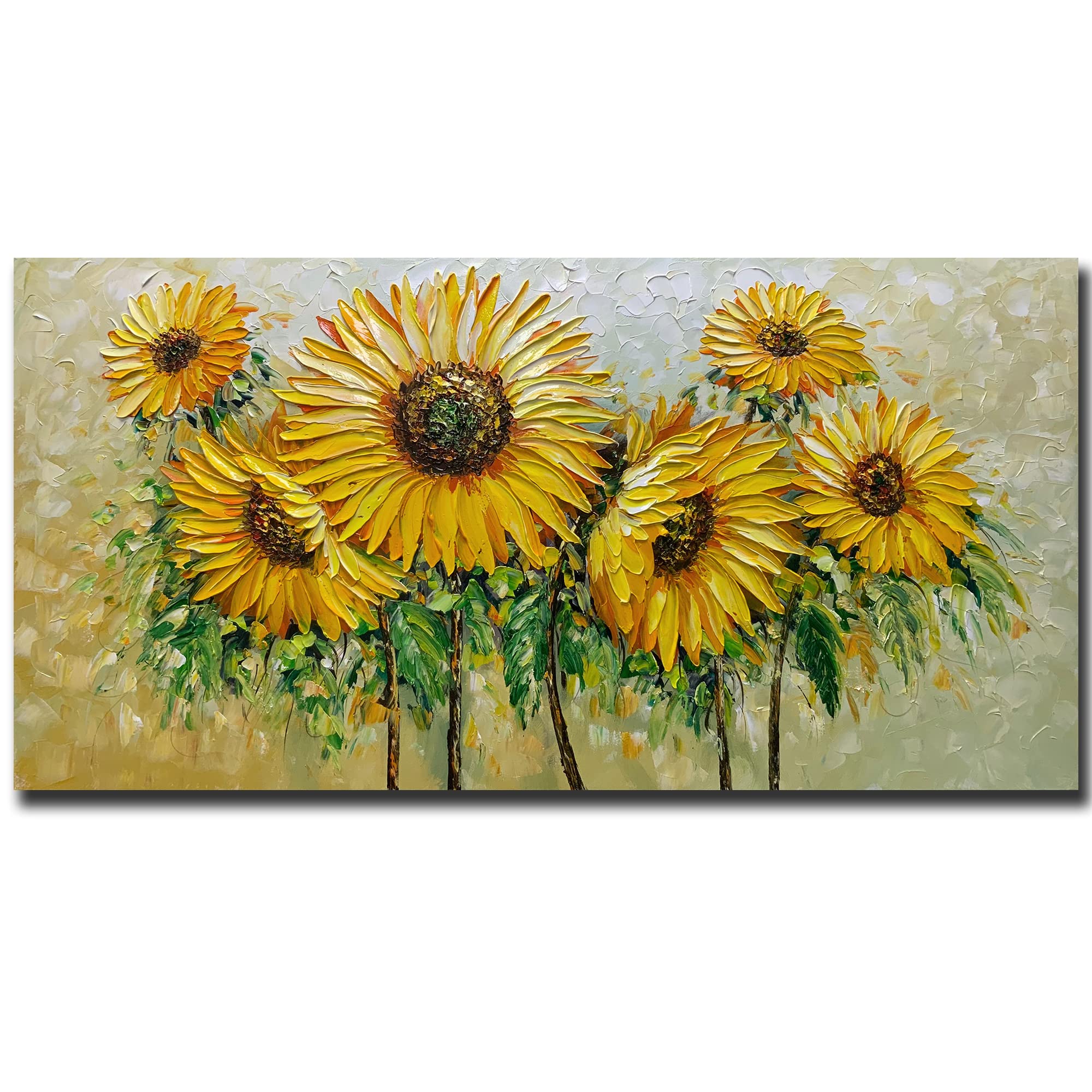 AZAVY ART 24x48 Inch Hand Painted Sunflower Oil Painting - Textured Abstract Floral Canvas Wall Art, Stretched & Framed Ready to Hang - Perfect for Living Room, Bedroom, or Office Decor