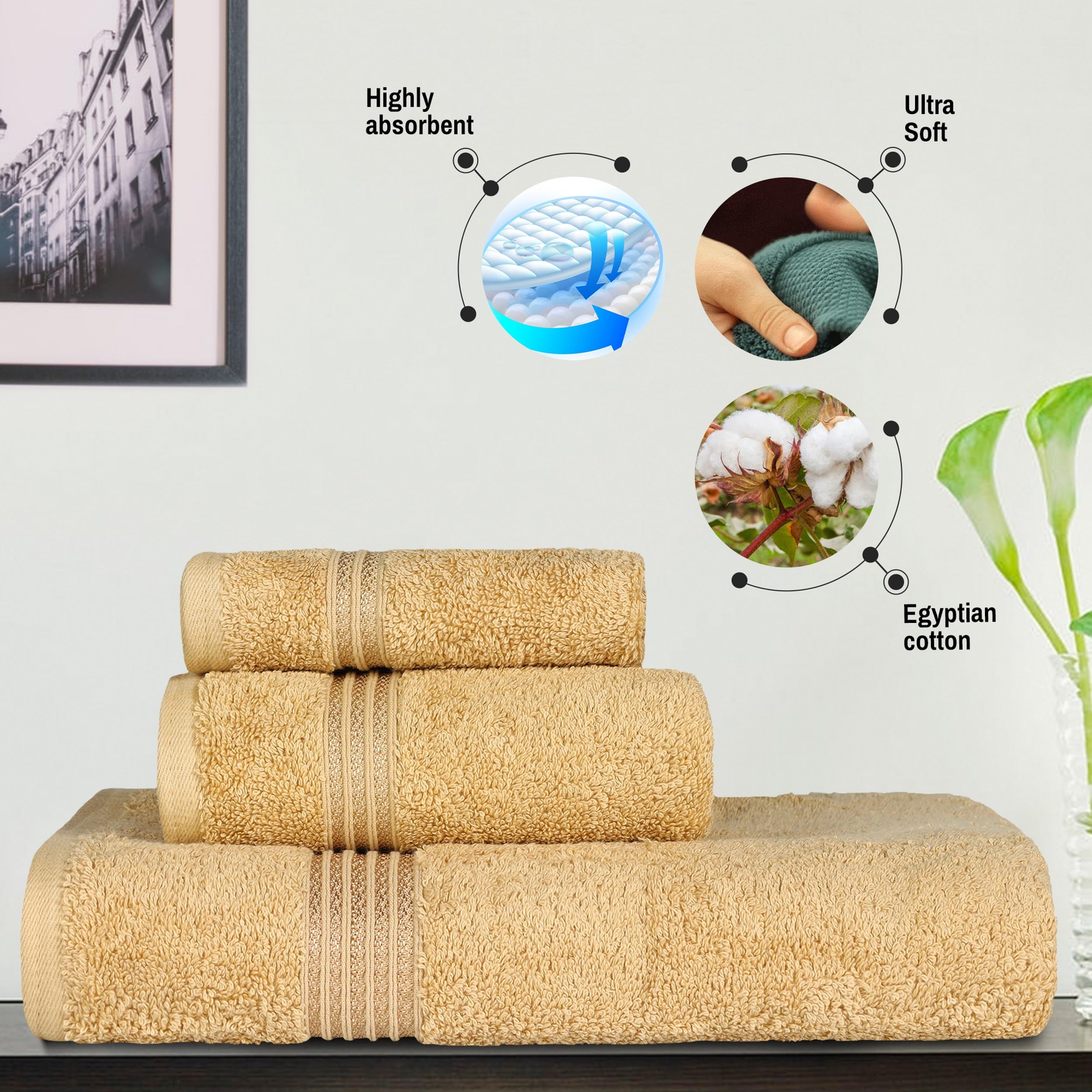 Premium BNM Egyptian Cotton 8-Piece Towel Set - Ultra Soft & Absorbent Bath, Hand & Face Towels for Luxury Home, Master & Guest Bathrooms - Includes 2 Bath Towels, 2 Hand Towels & 4 Washcloths - Quick Dry, Decorative Essentials (Gold) - Perfect for Spa Days & Upscale Hotel-Style Bathrooms