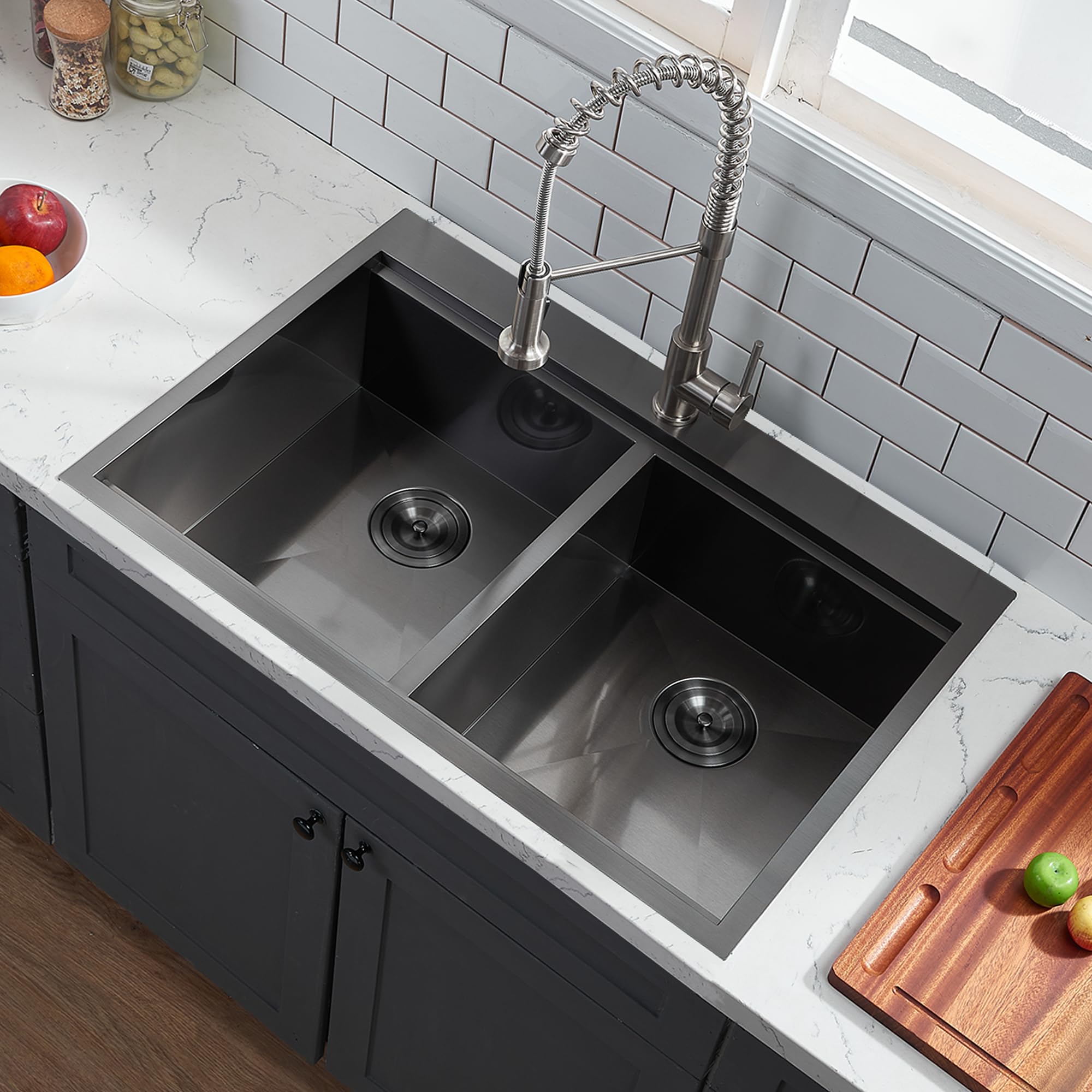 33x22 Inch Black Stainless Steel Double Bowl Kitchen Sink - 50/50 Drop-in Double Basin Workstation Sink with Accessories by Topmonut | Perfect for Modern Kitchens, Food Prep, and Dishwashing