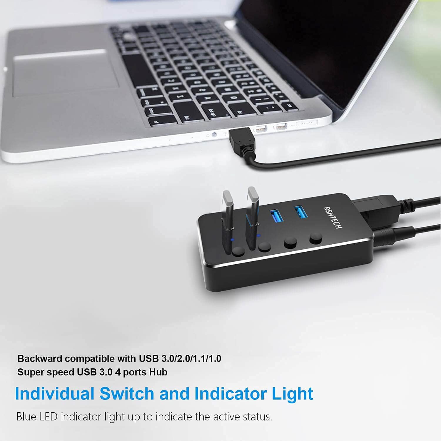4-Port USB C Hub with On/Off Switches - Fast Charging for Laptop & Mobile