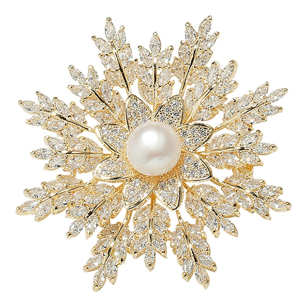Zircon Snowflake Freshwater Pearl Brooch Pin - Elegant Gold Tone Women's Wedding Corsage & Fashion Jewelry (2.1