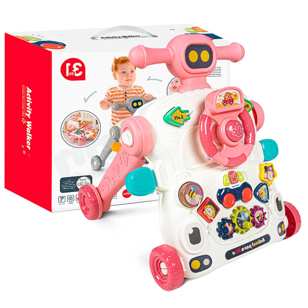 2 in 1 Baby Push Walker & Activity Toy - Adjustable Learning Walker with Wheels, Lights & Music for 6-18 Month Old Boys & Girls - Perfect for First Steps & Early Development at Home