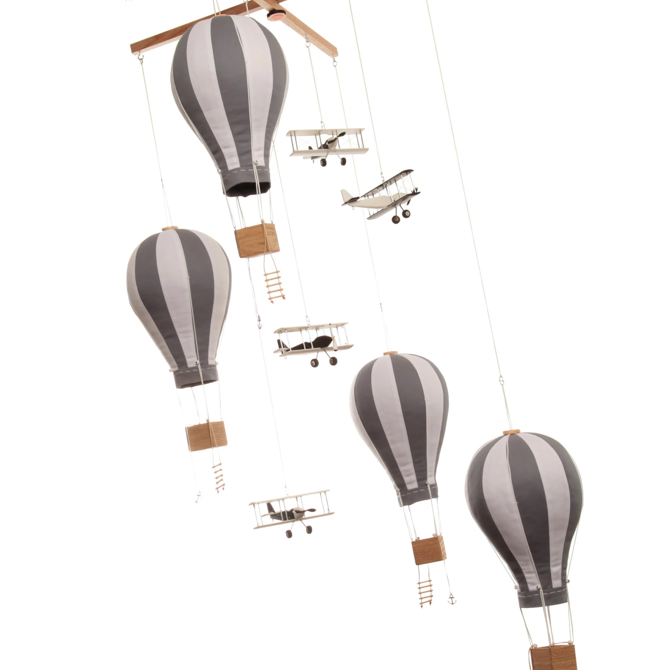 Large Hot Air Balloon & Airplane Ceiling Mobile - Wooden Airplane & Textile Balloons for Travel Theme Nursery Decor | Kids Room Hanging Decor in Gray, White & Black | Perfect Baby Shower Gift & Nursery Decoration
