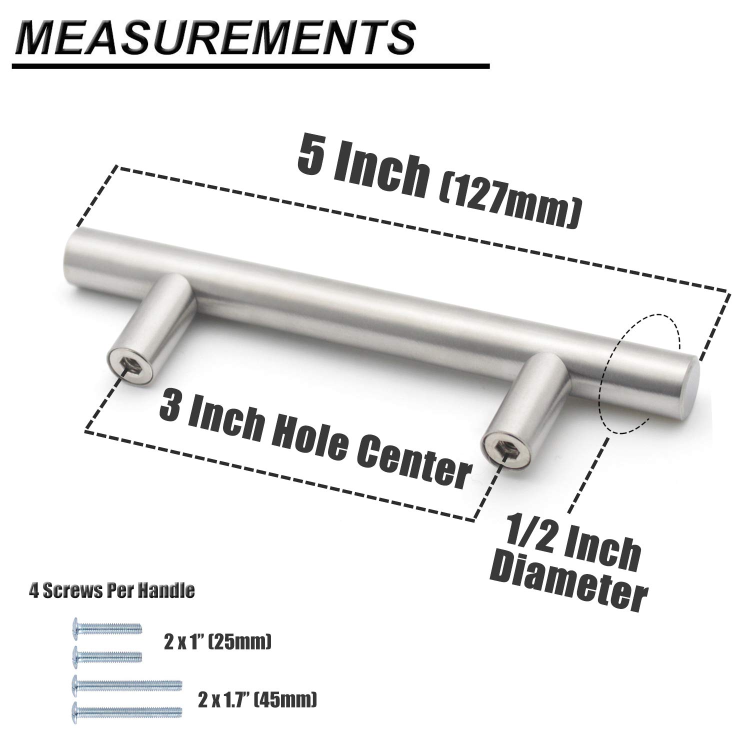 Probrico 15 Pack 3 Inch Hole Center Kitchen Cabinet Handles - Brushed Nickel Euro T Bar Drawer Pulls - Stainless Steel Cupboard & Dresser Handles (5