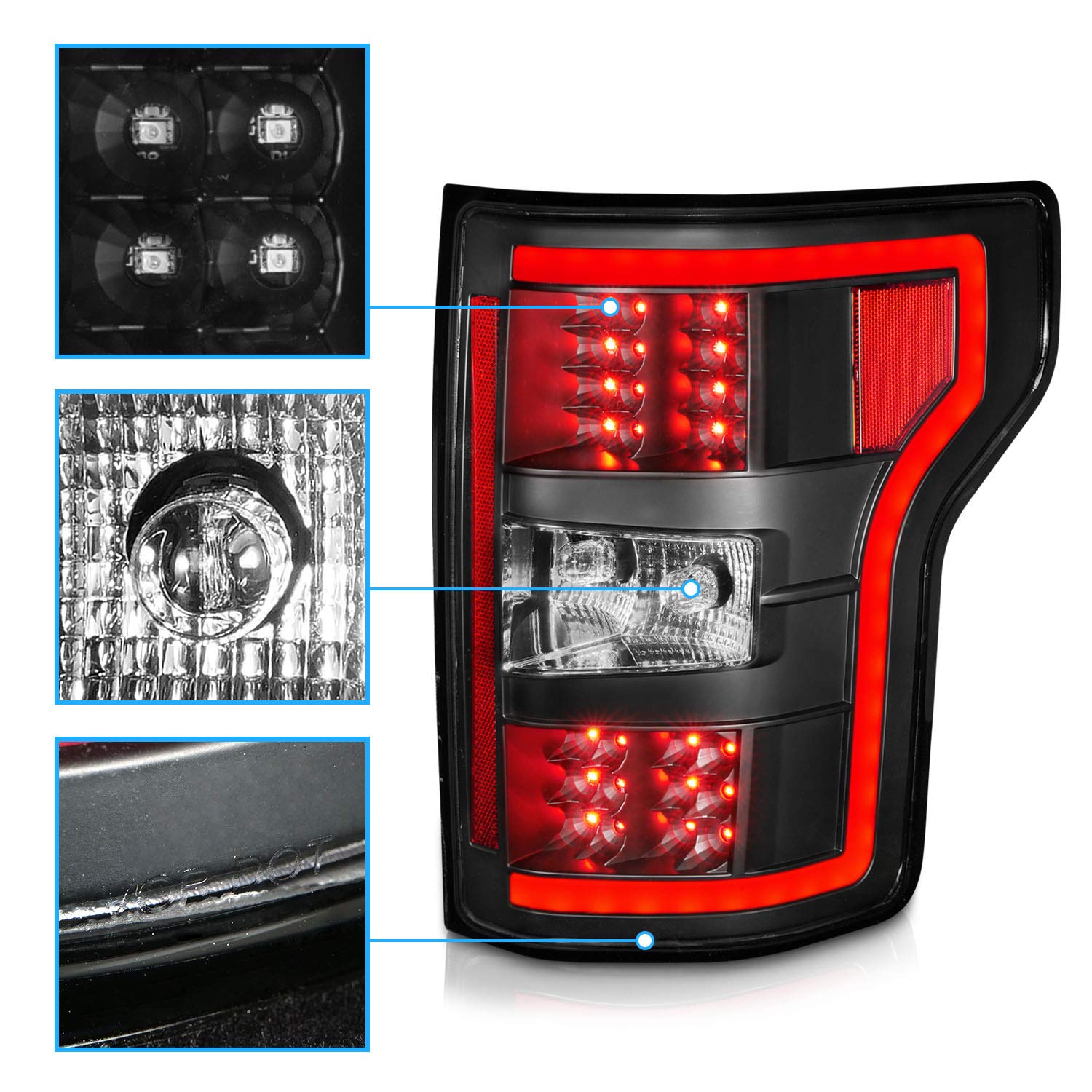 2018-2020 Ford F150 LED Tail Lights - AmeriLite LED Tube Light Bar Brake Lamps with Turn Signal Replacement Assembly Set (Driver & Passenger Side) - Perfect for Off-Roading, Night Driving & Truck Customization