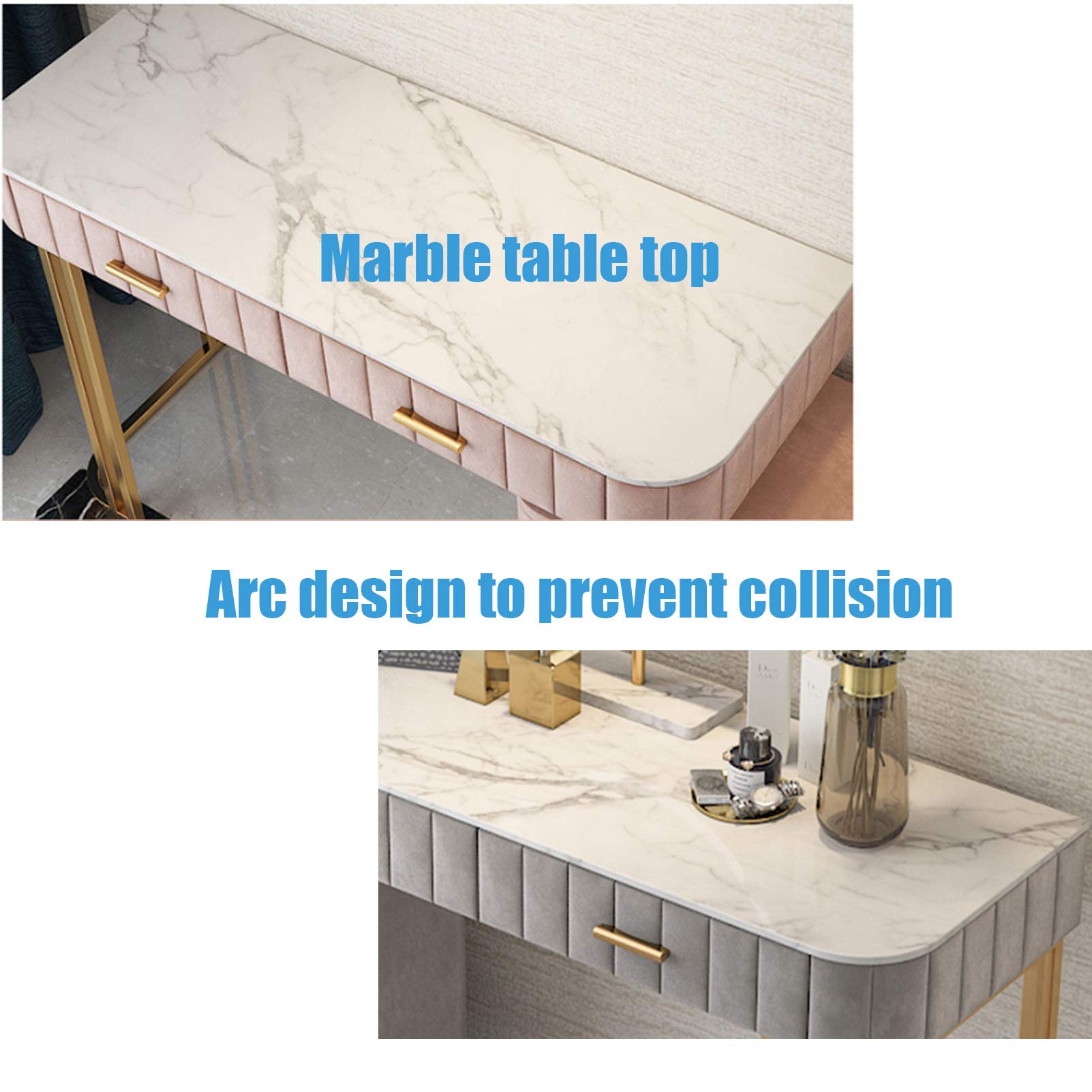 Vanity Set with Mirror & Built-in 3-Way Lighting, Flannel Cushioned Stool, Removable Lockers & 4 Drawers Makeup Vanity Desk - Marble Top Dressing Table in Gray, Green, Pink - Perfect for Bedroom, Dorm Room & Beauty Salon Makeup Organization