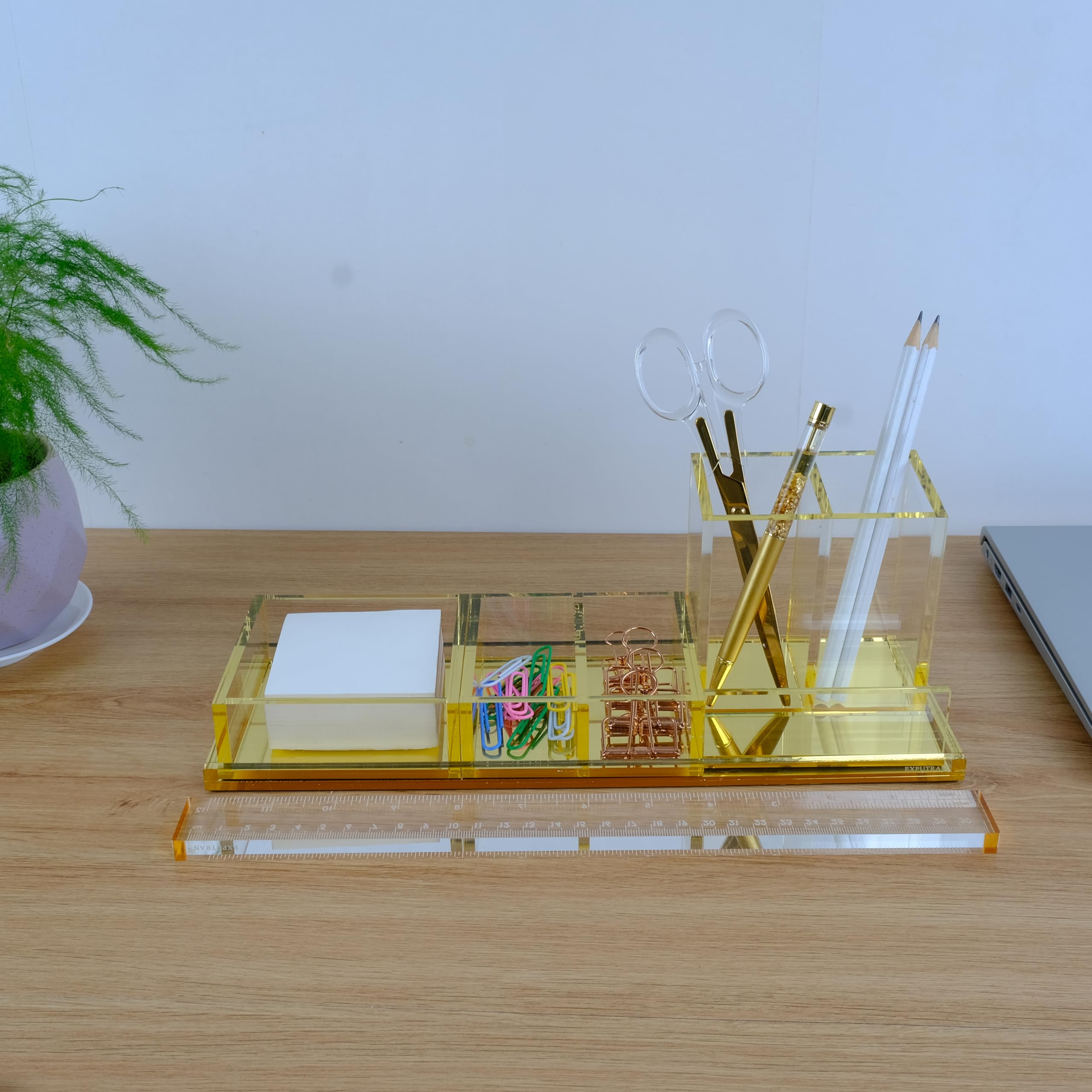 4-Piece Acrylic Desk Organizer Set with Free Ruler - Gold Office & Home Desktop Organization for Pens, Paper Clips & Stationery